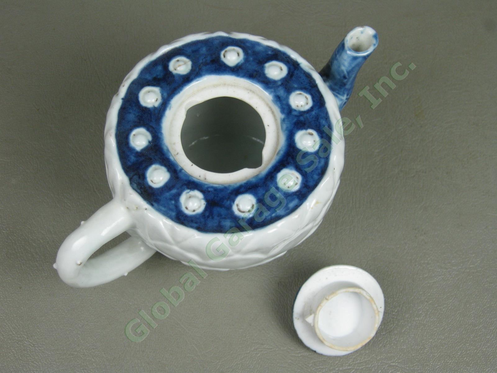 Antique Korean Lotus Flower Ceramic Pottery Teapot Blue White Korea Asian NR! 6
