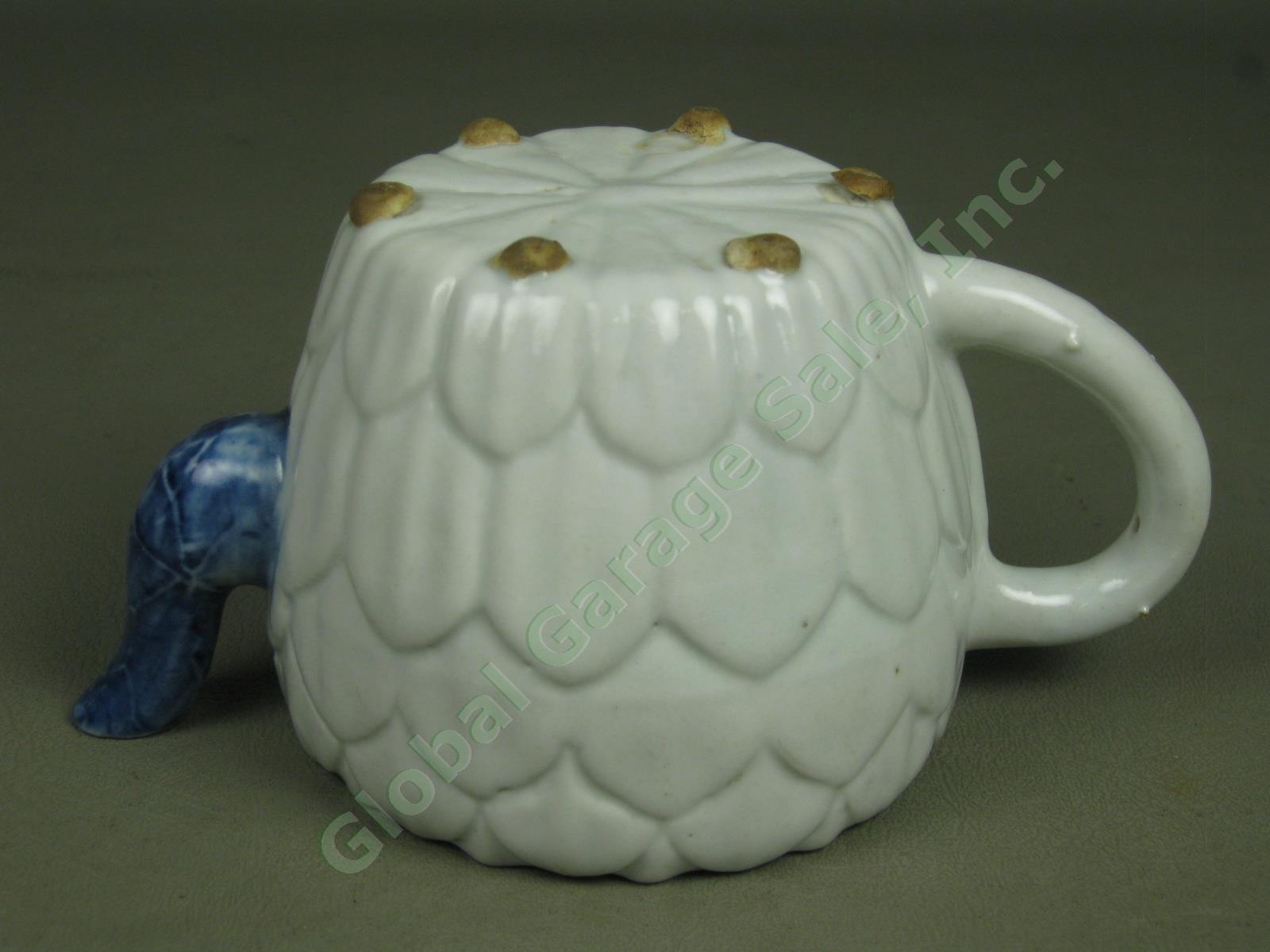 Antique Korean Lotus Flower Ceramic Pottery Teapot Blue White Korea Asian NR! 12