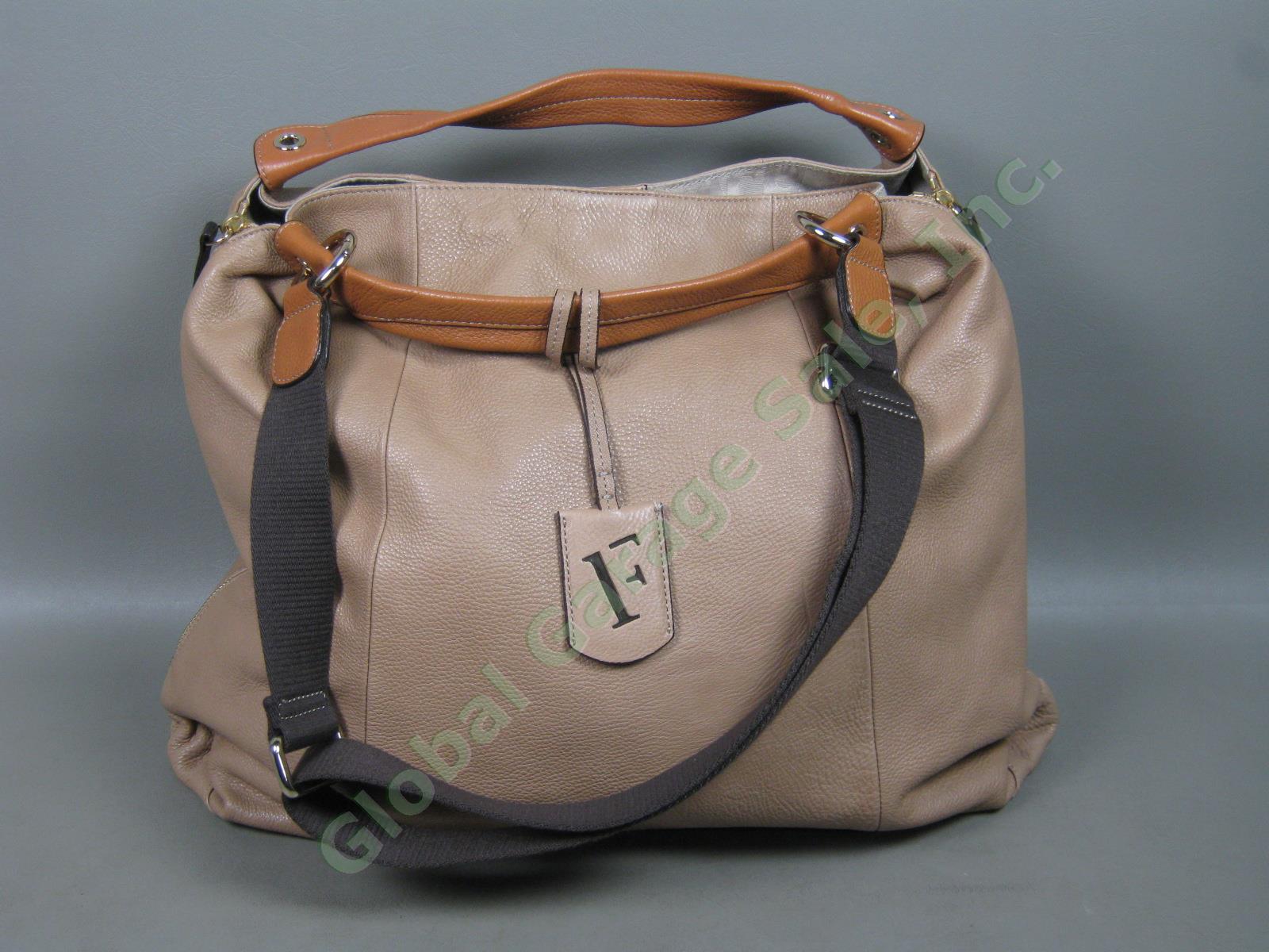 Furla Elisabeth Pebbled Brown Beige Taupe Genuine Leather Hobo Tote Shoulder Bag