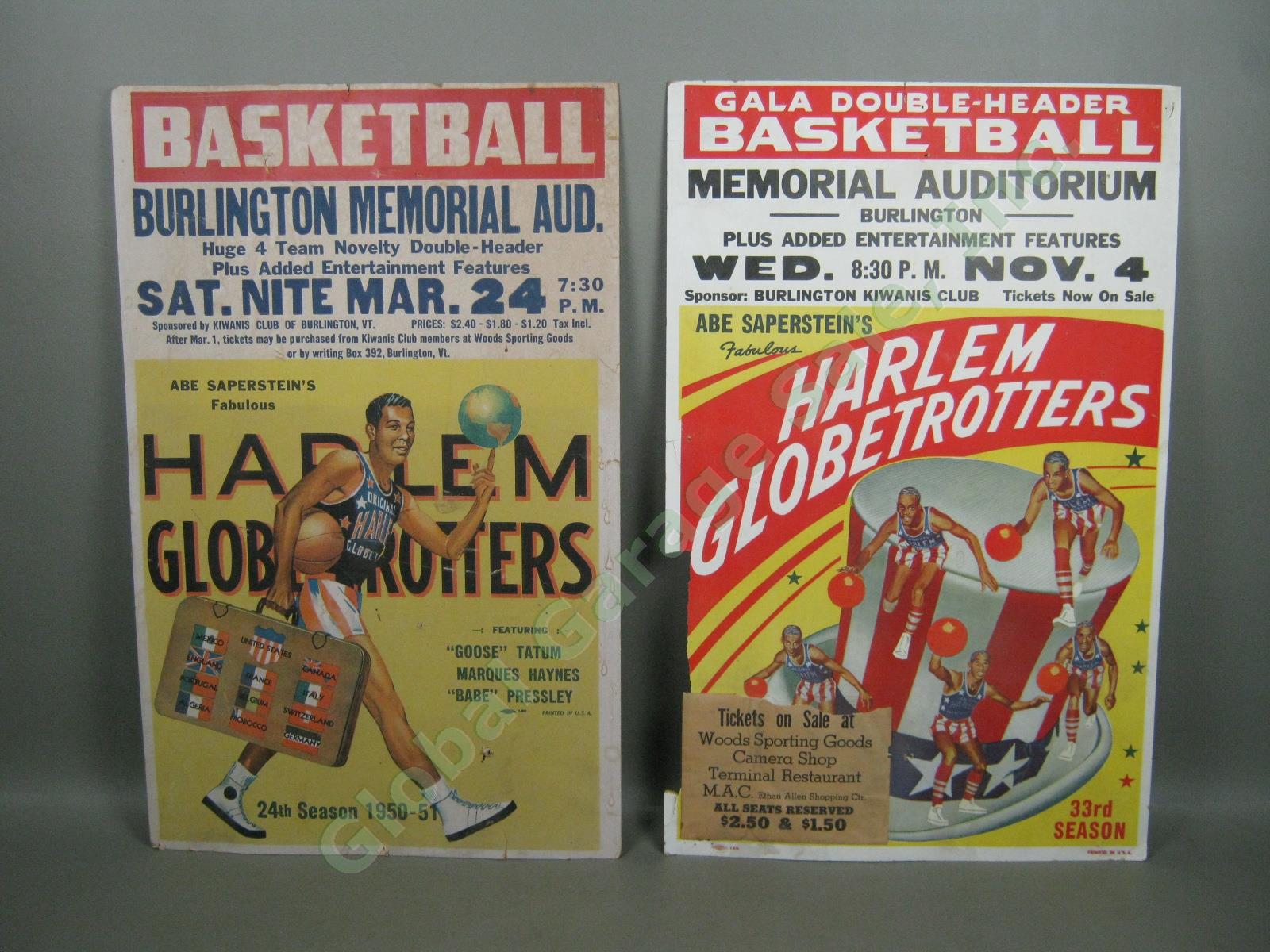 2 Vtg 1951 + 1960 Harlem Globetrotters Basketball Posters Lot Burlington Vermont