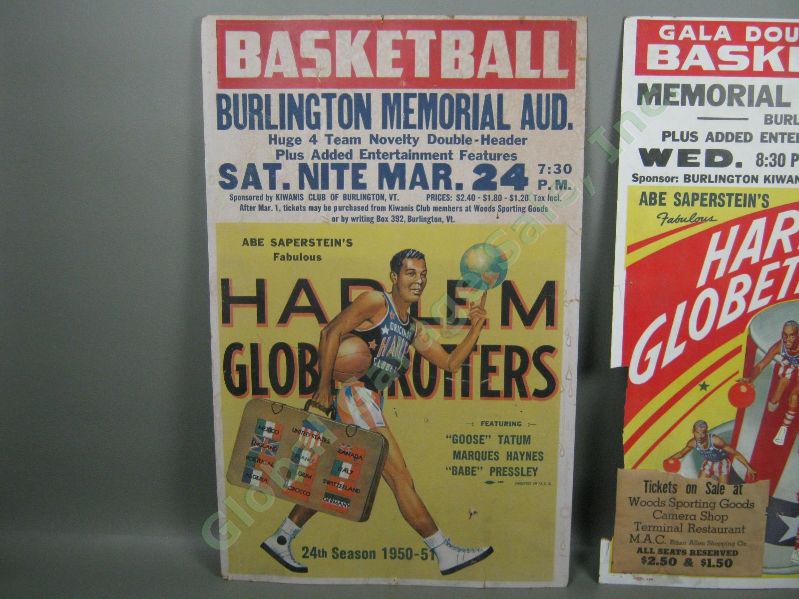 2 Vtg 1951 + 1960 Harlem Globetrotters Basketball Posters Lot Burlington Vermont 1