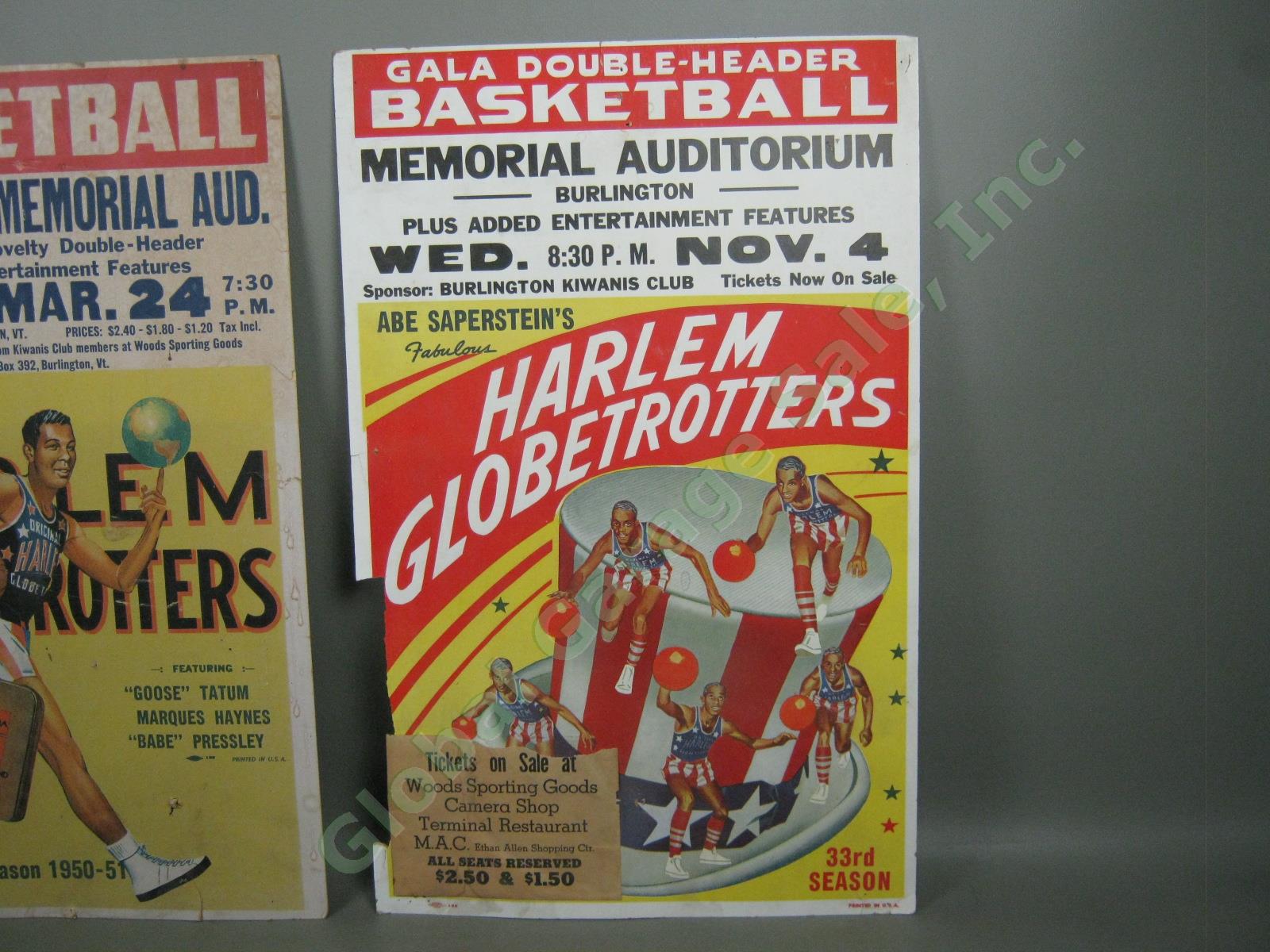 2 Vtg 1951 + 1960 Harlem Globetrotters Basketball Posters Lot Burlington Vermont 3