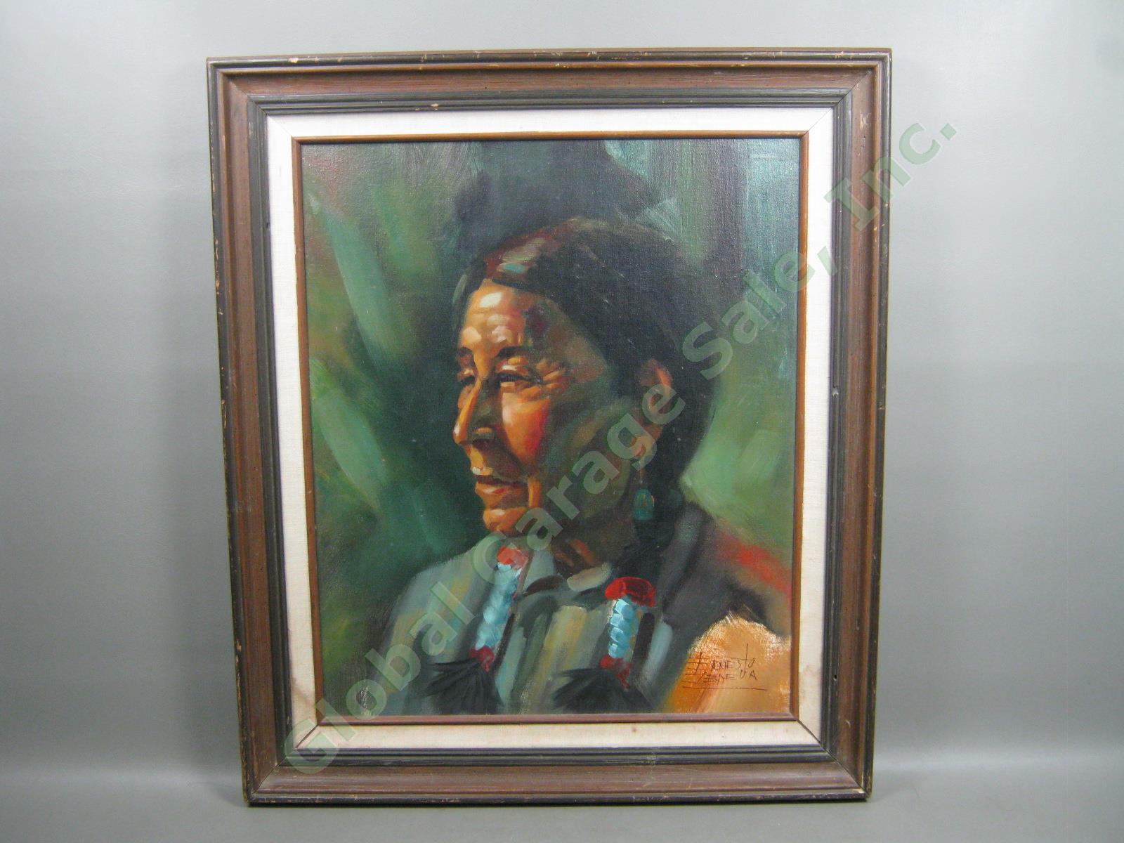 Vtg Original Signed Ernesto Zepeda Oil Painting On Canvas Of A Native American