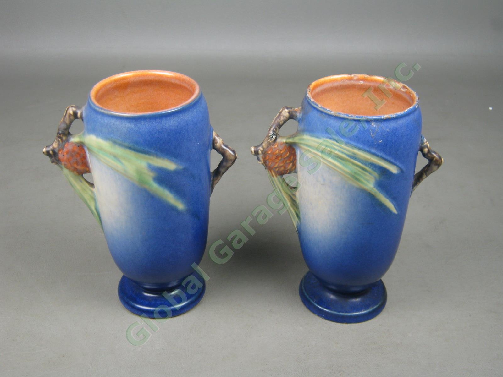 2 Vtg Antique Roseville Arts & Crafts Pottery Blue Pine Cone Vases #748-6 Pair