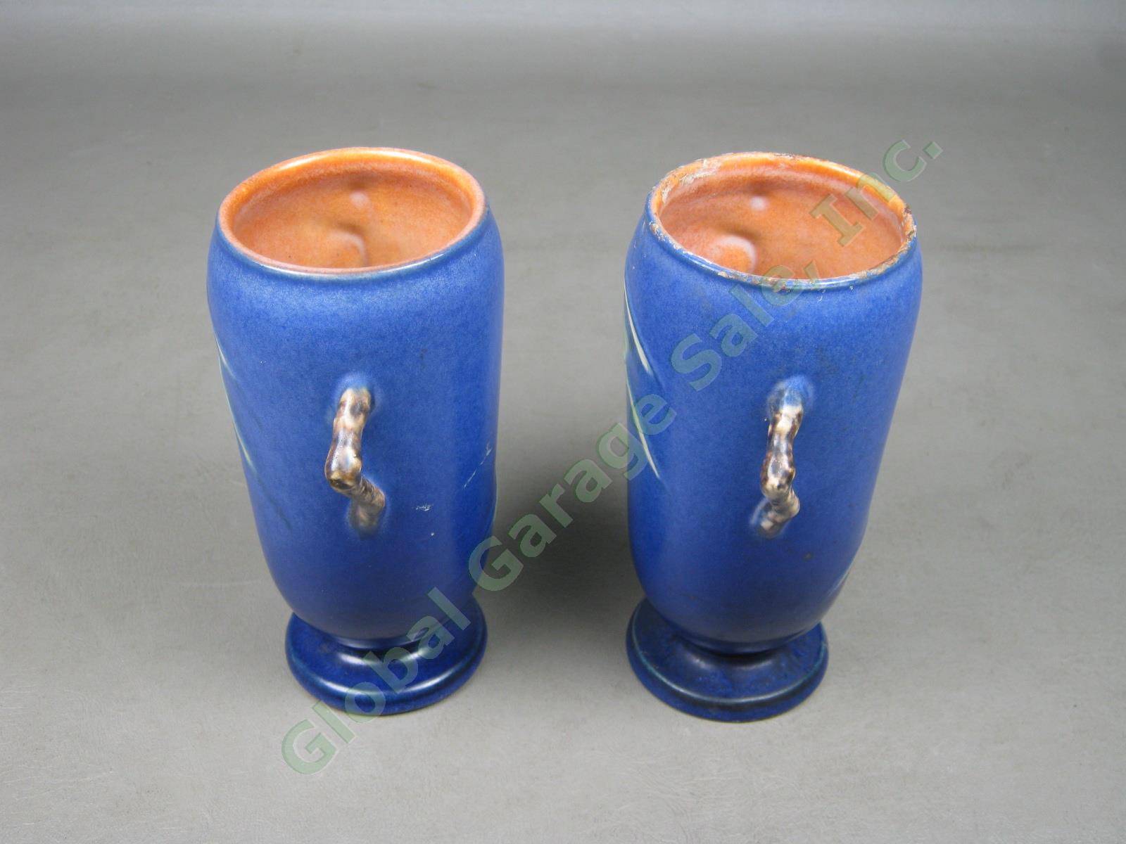 2 Vtg Antique Roseville Arts & Crafts Pottery Blue Pine Cone Vases #748-6 Pair 1