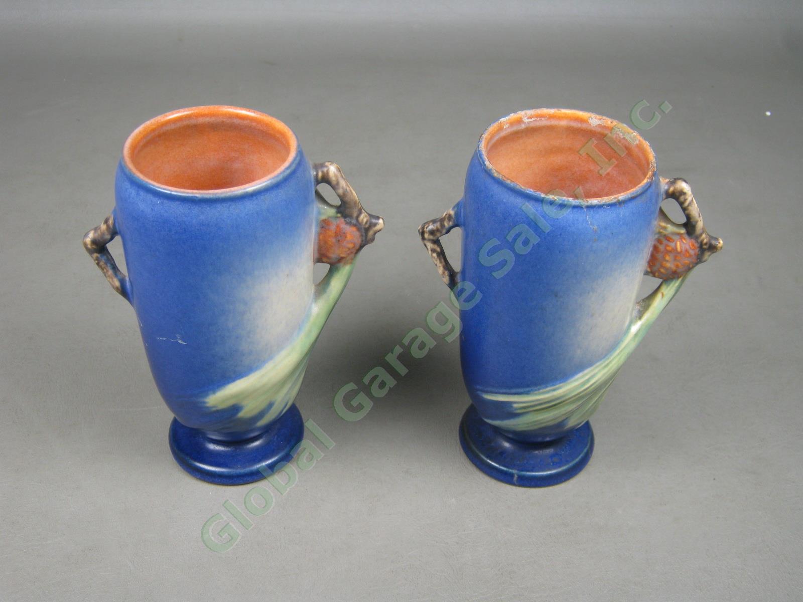 2 Vtg Antique Roseville Arts & Crafts Pottery Blue Pine Cone Vases #748-6 Pair 2