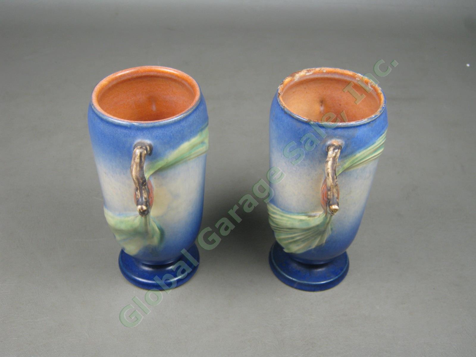 2 Vtg Antique Roseville Arts & Crafts Pottery Blue Pine Cone Vases #748-6 Pair 3