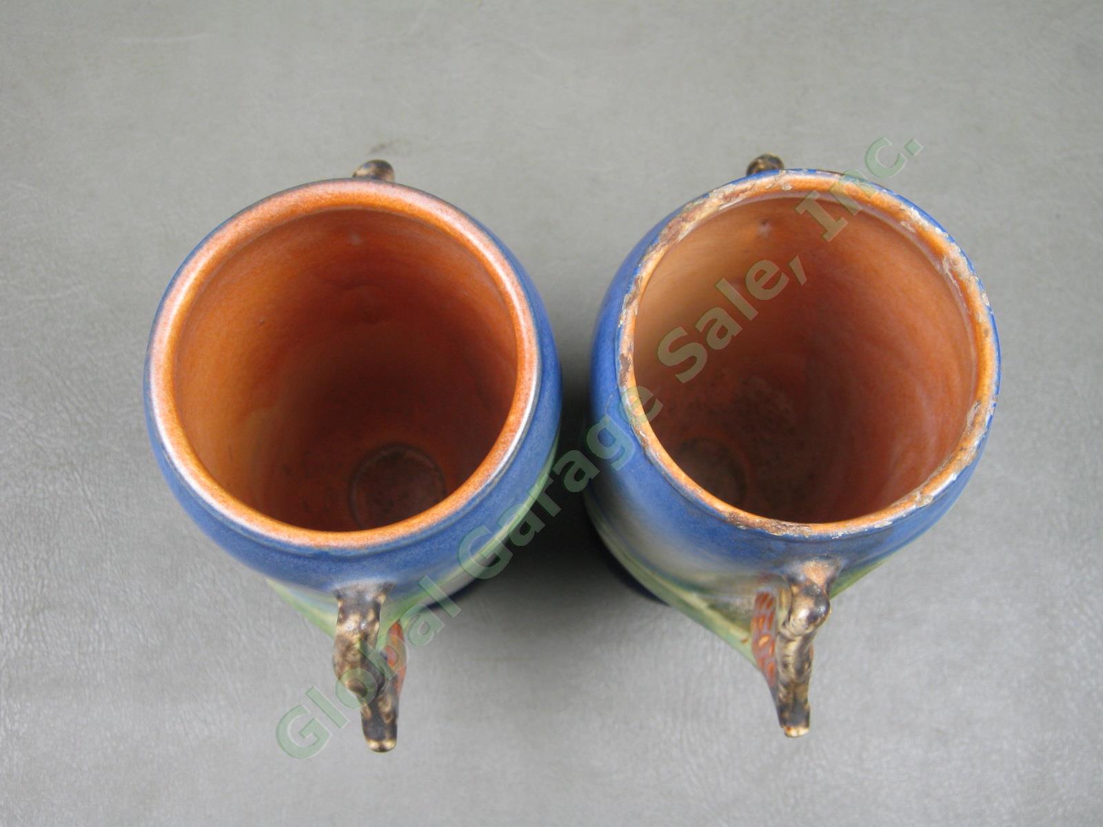2 Vtg Antique Roseville Arts & Crafts Pottery Blue Pine Cone Vases #748-6 Pair 4