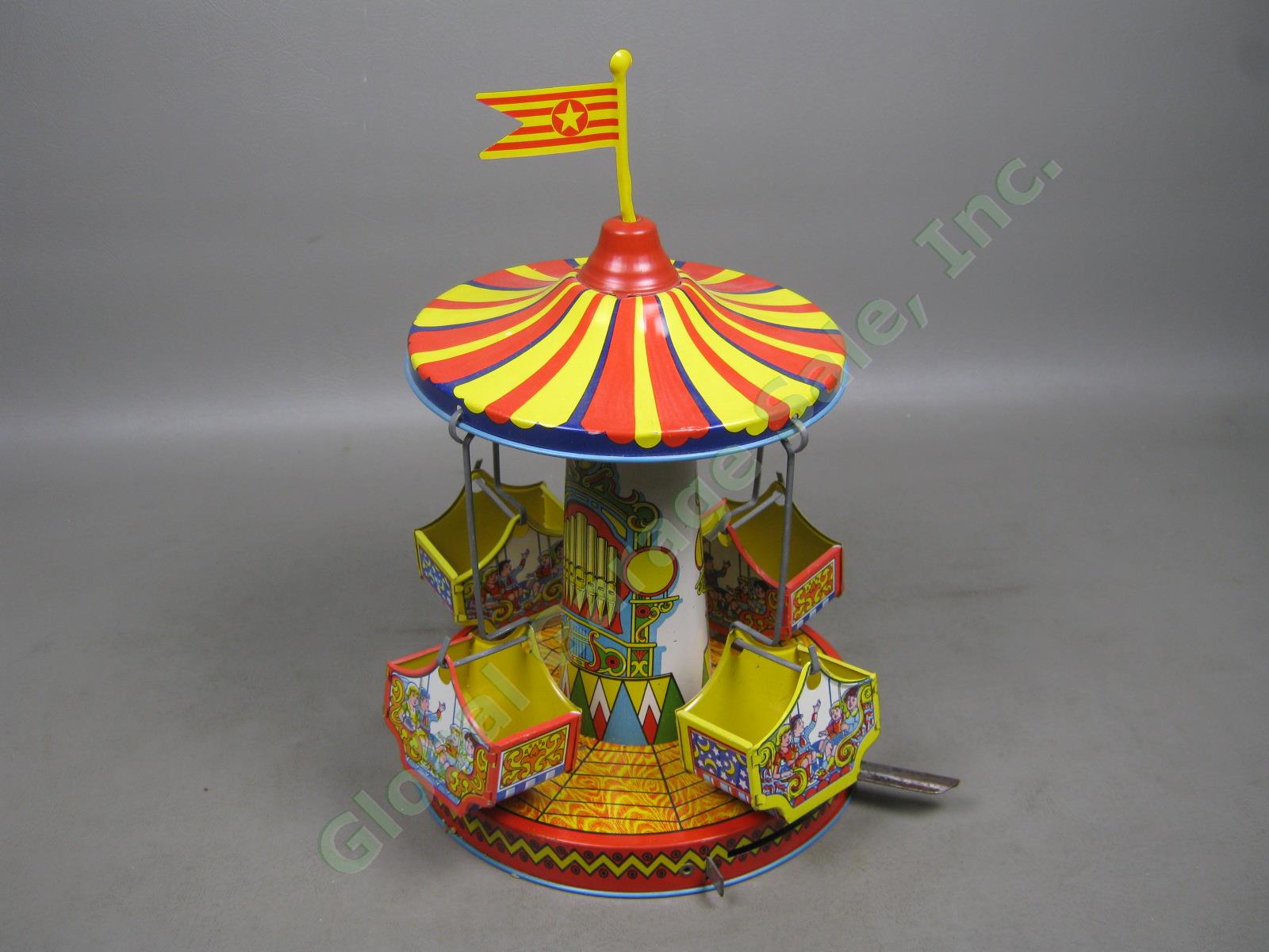 Vtg Tin Litho Wind Up Carousel Carnival Circus Fair Ride Merry Go Round 12" NR!!