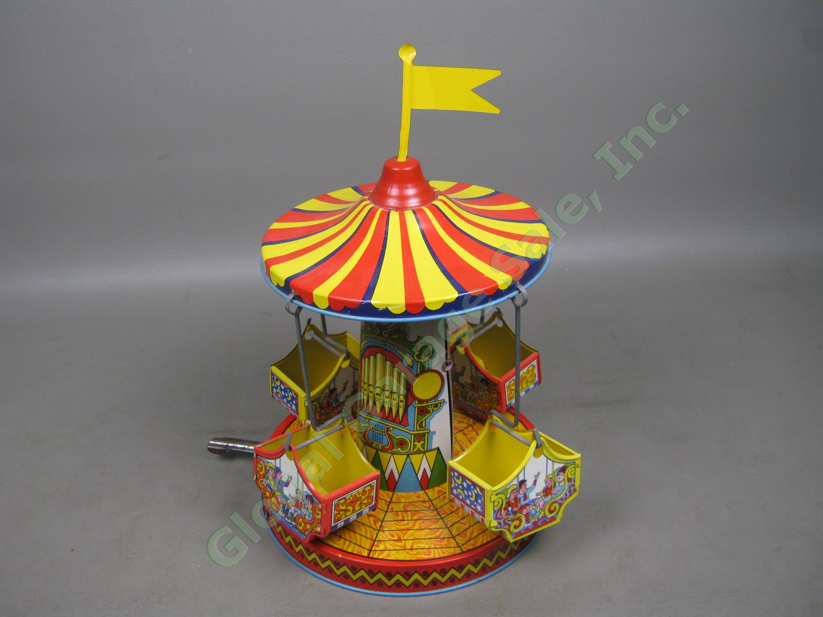 Vtg Tin Litho Wind Up Carousel Carnival Circus Fair Ride Merry Go Round 12" NR!! 1