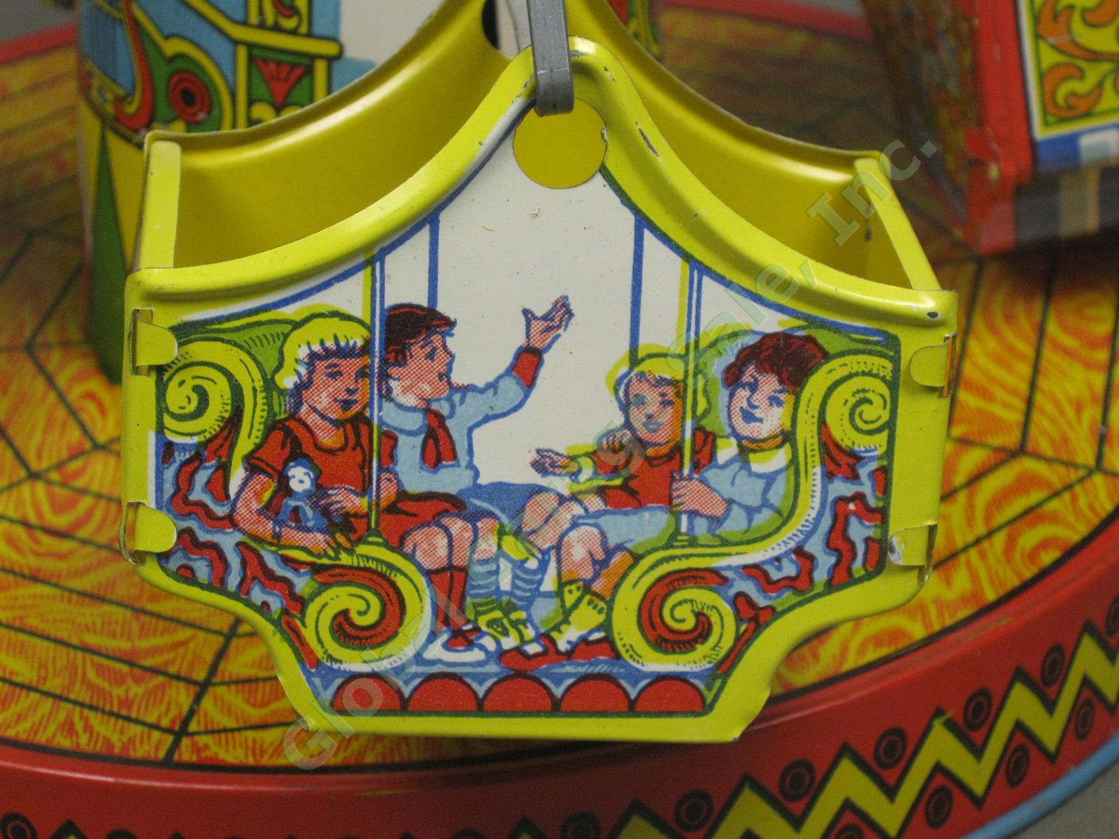 Vtg Tin Litho Wind Up Carousel Carnival Circus Fair Ride Merry Go Round 12" NR!! 2