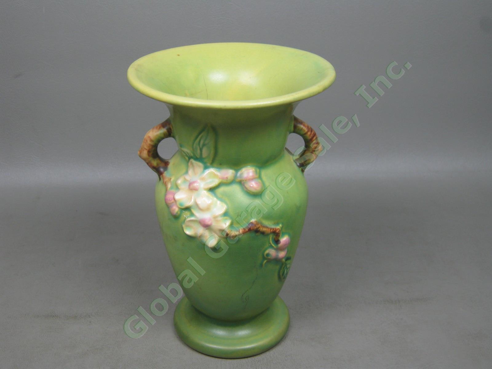 Vtg Antique Roseville USA Art Pottery 2 Handled Green Apple Blossom Vase 385-8"