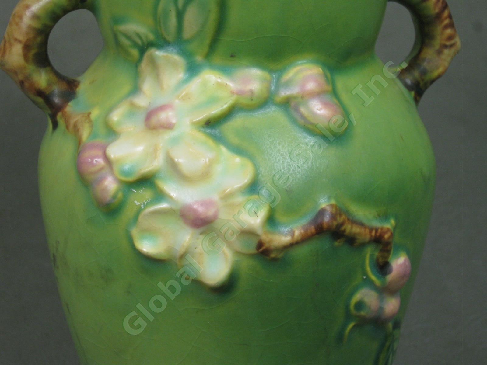 Vtg Antique Roseville USA Art Pottery 2 Handled Green Apple Blossom Vase 385-8" 1