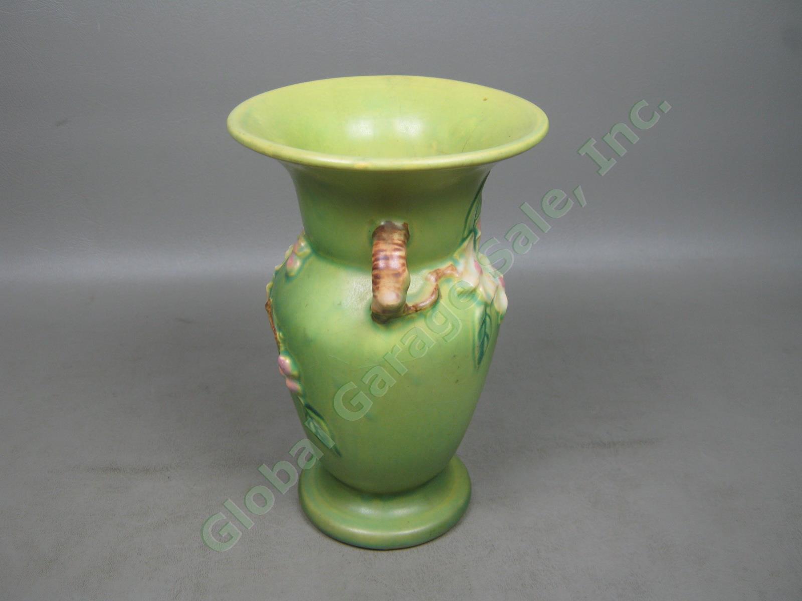 Vtg Antique Roseville USA Art Pottery 2 Handled Green Apple Blossom Vase 385-8" 2