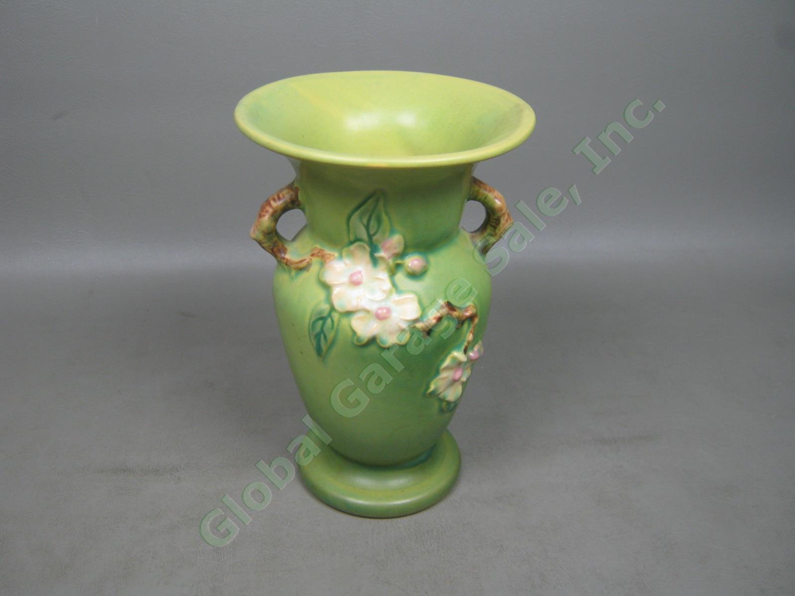 Vtg Antique Roseville USA Art Pottery 2 Handled Green Apple Blossom Vase 385-8" 3