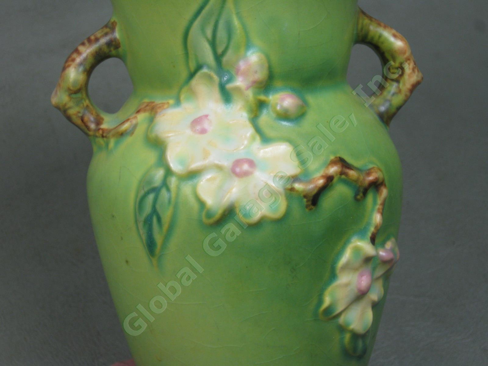 Vtg Antique Roseville USA Art Pottery 2 Handled Green Apple Blossom Vase 385-8" 4