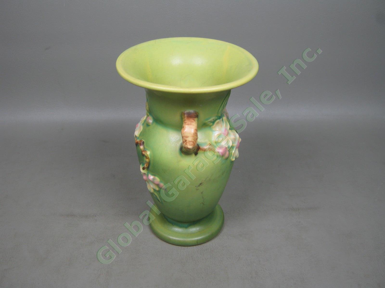 Vtg Antique Roseville USA Art Pottery 2 Handled Green Apple Blossom Vase 385-8" 5