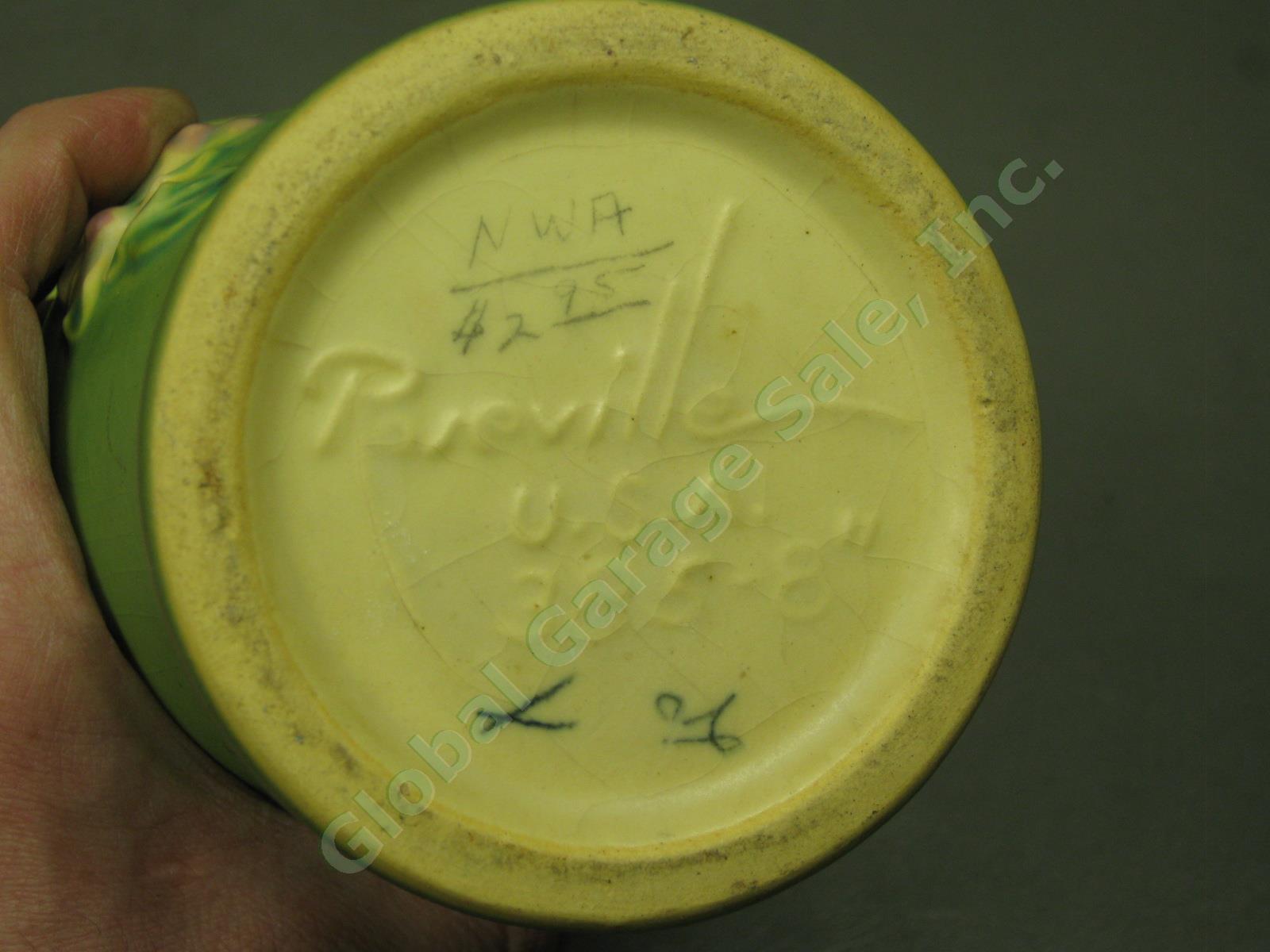 Vtg Antique Roseville USA Art Pottery 2 Handled Green Apple Blossom Vase 385-8" 7