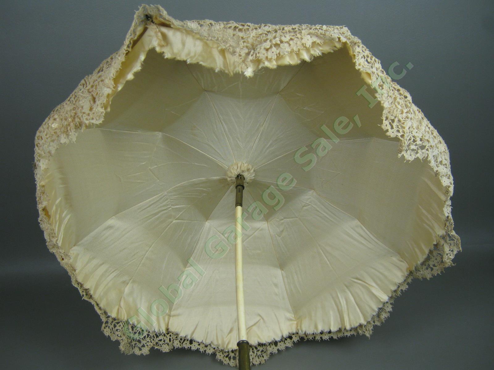 Vtg Antique Intricate Victorian Off White Lace Carve Bovine Bone Handled Parasol 4