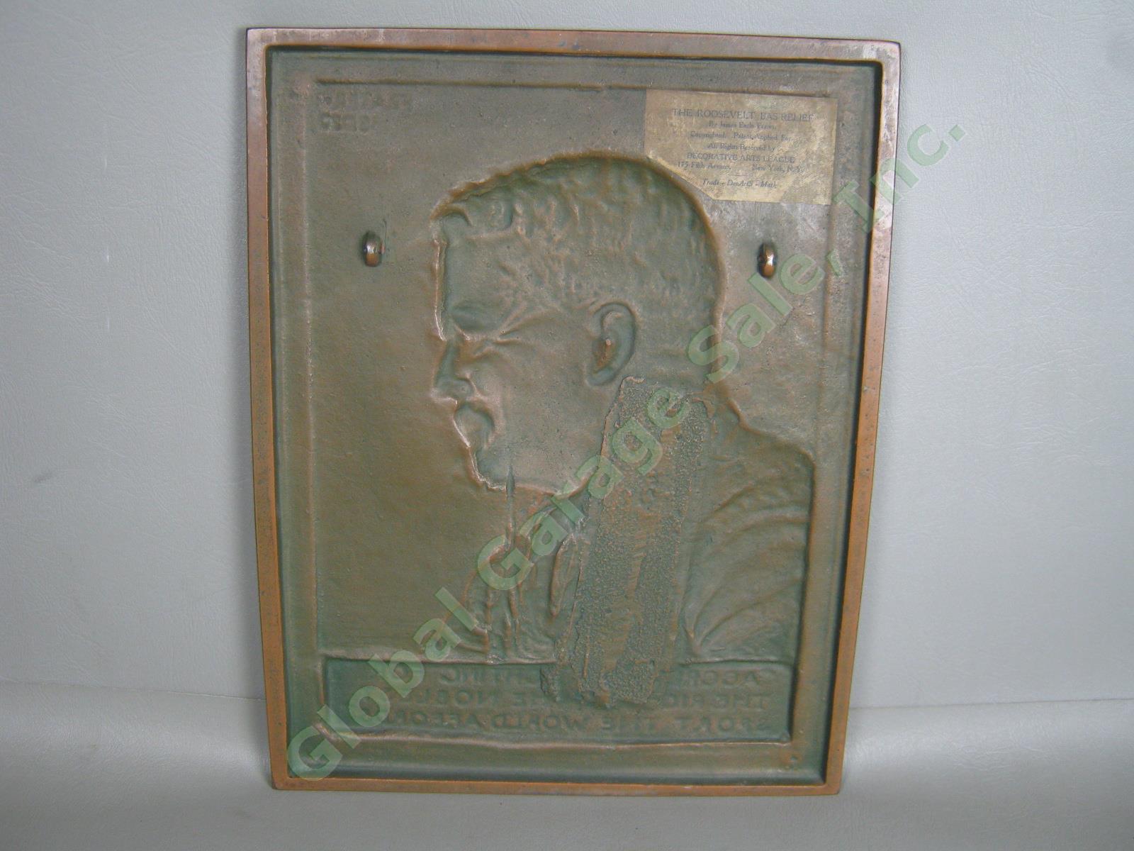 Antique 1920 Theodore Teddy Roosevelt Bronze Bas Relief James Fraser Plaque EXC! 7