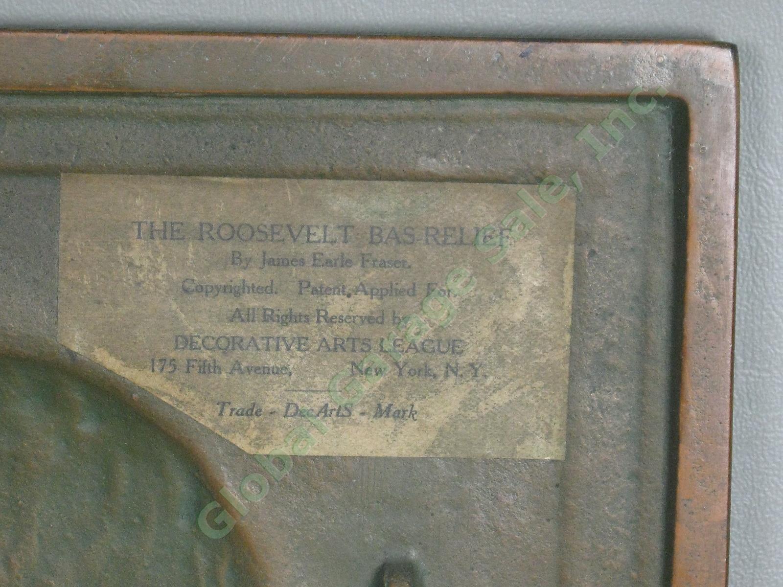 Antique 1920 Theodore Teddy Roosevelt Bronze Bas Relief James Fraser Plaque EXC! 9