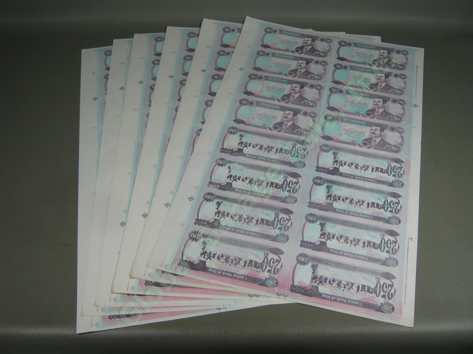 10 Rare Uncut Sheets Iraq Iraqi 250 Dinars Seized By US Army 2003 Saddam Hussein
