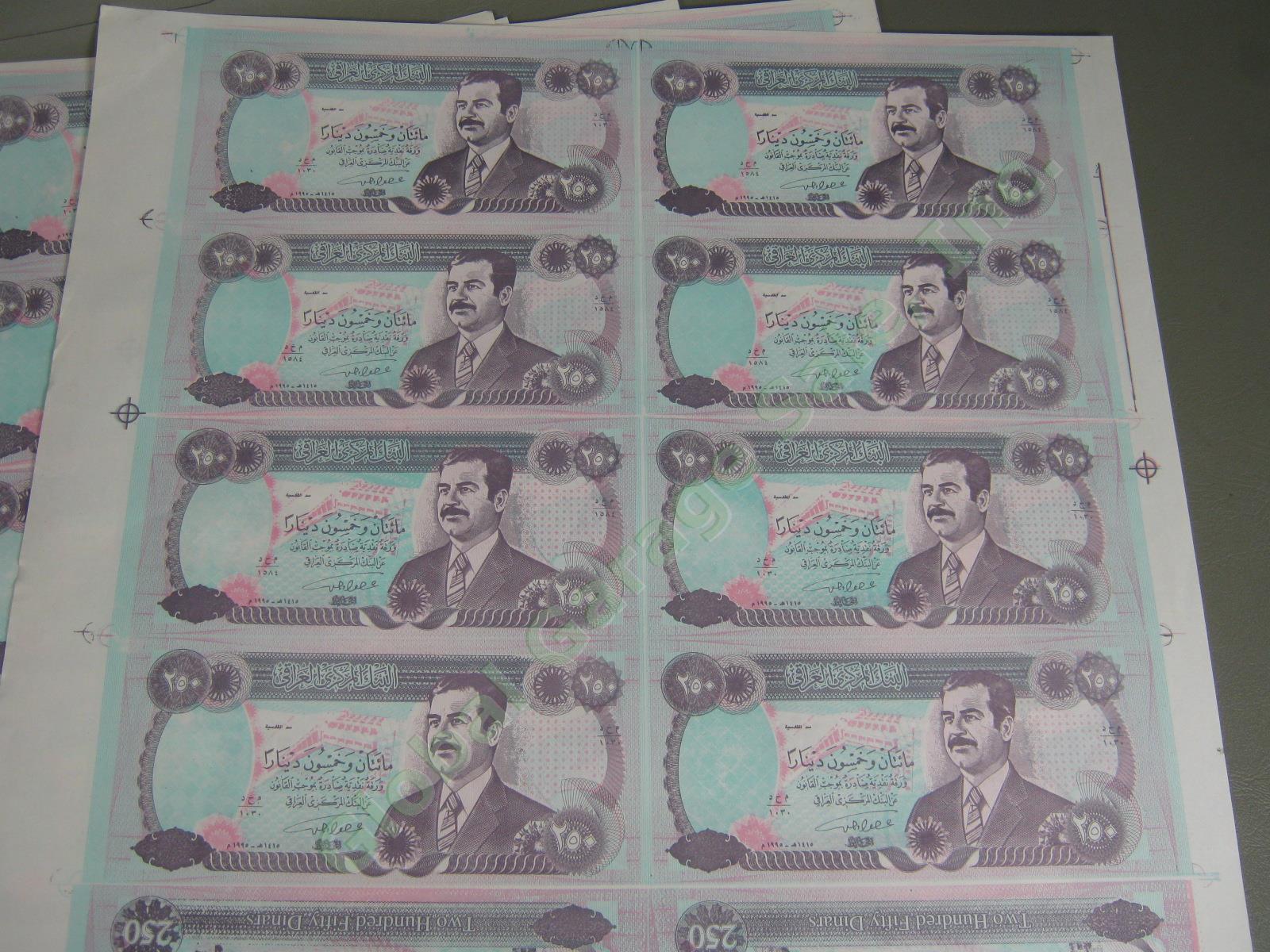 10 Rare Uncut Sheets Iraq Iraqi 250 Dinars Seized By US Army 2003 Saddam Hussein 1