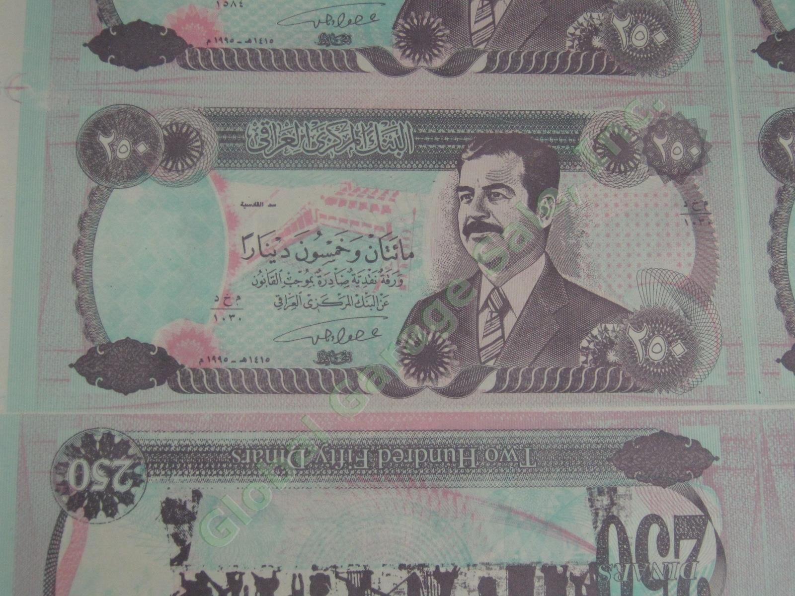 10 Rare Uncut Sheets Iraq Iraqi 250 Dinars Seized By US Army 2003 Saddam Hussein 2