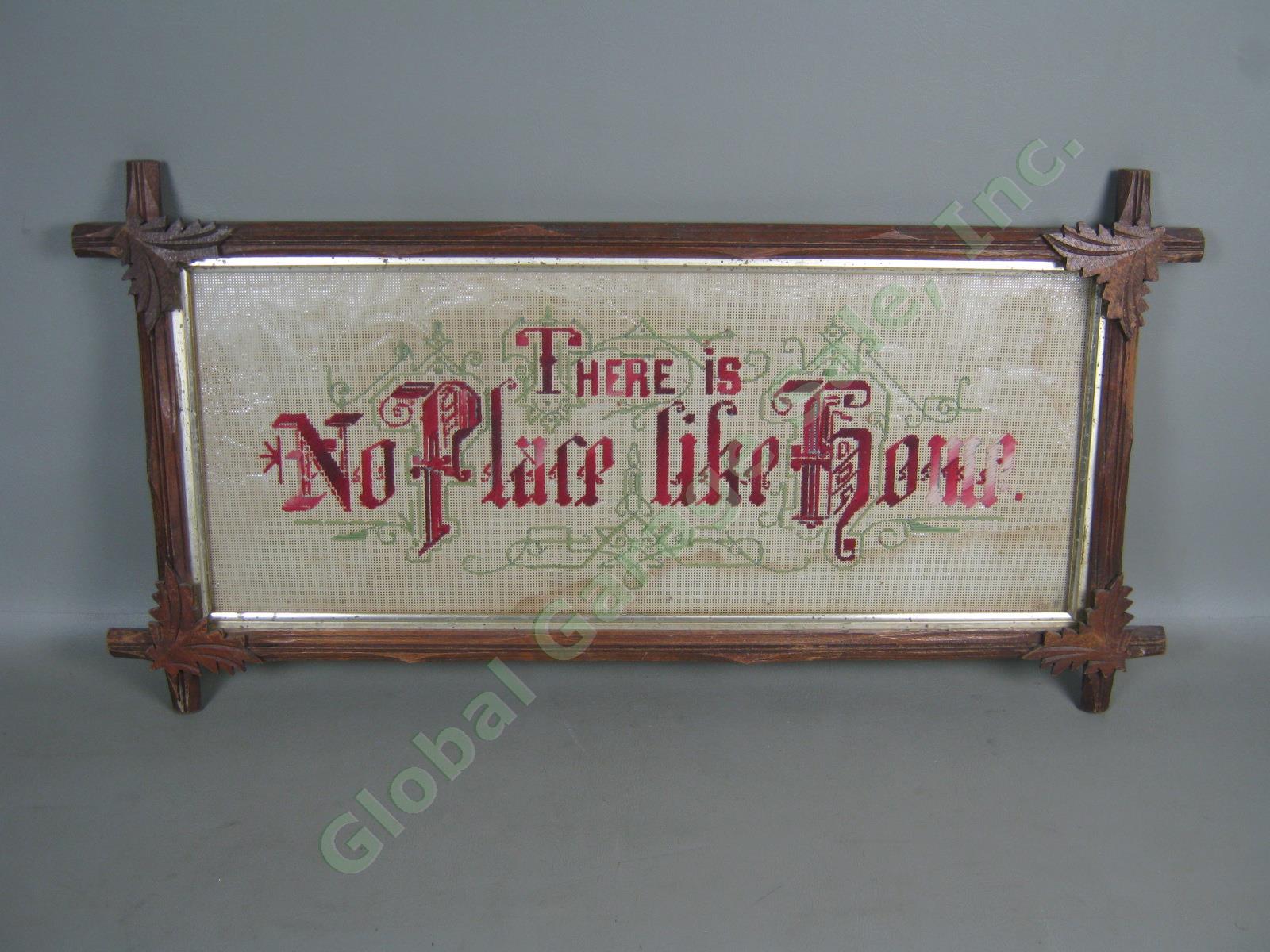 Antique Victorian Needlepoint Punch Paper Motto No Place Like Home Black Forest