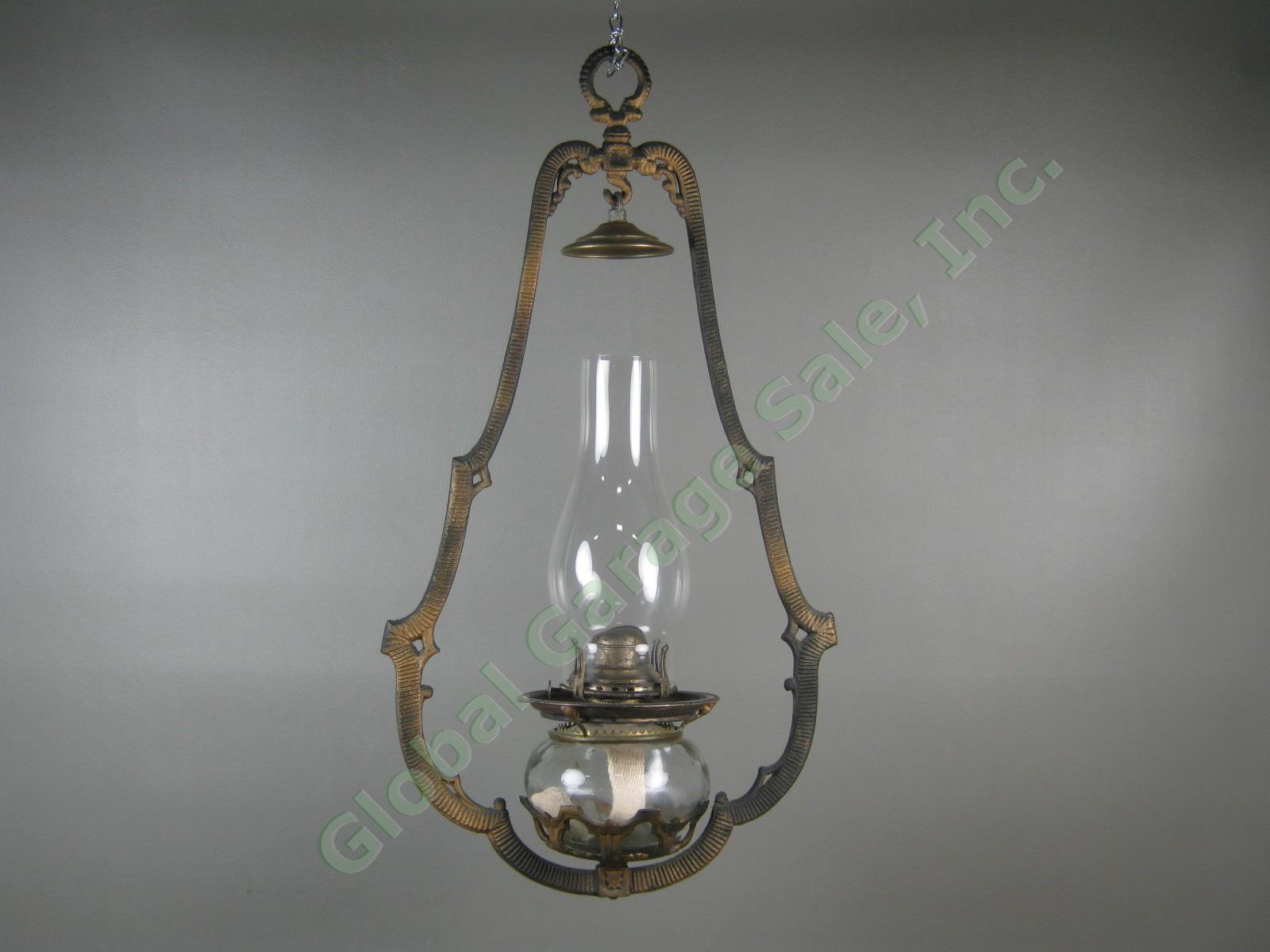Rare Vtg Antique White Flame Light Co 23" Hanging Metal Glass Brass Oil Lamp NR!