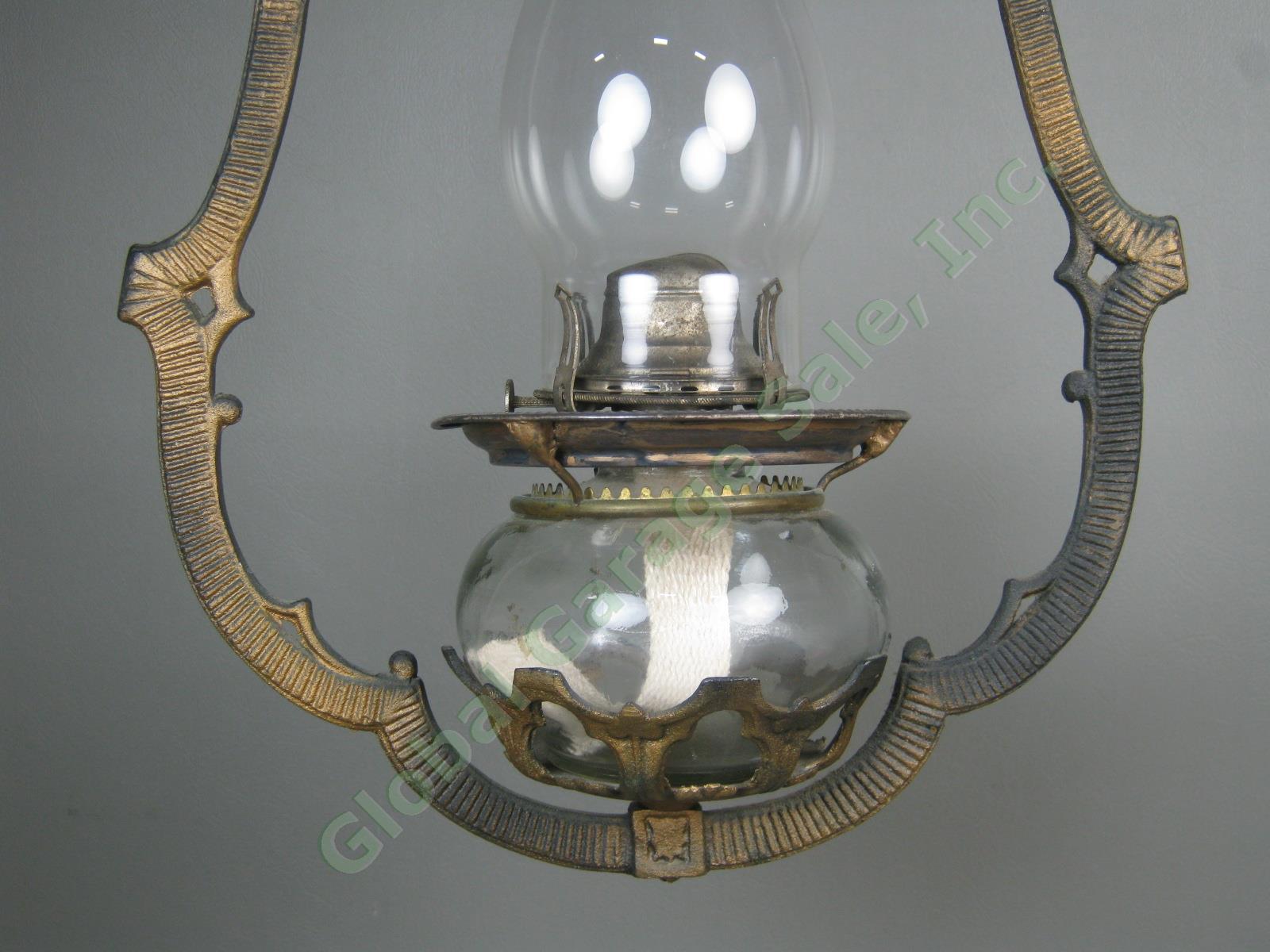 Rare Vtg Antique White Flame Light Co 23" Hanging Metal Glass Brass Oil Lamp NR! 3