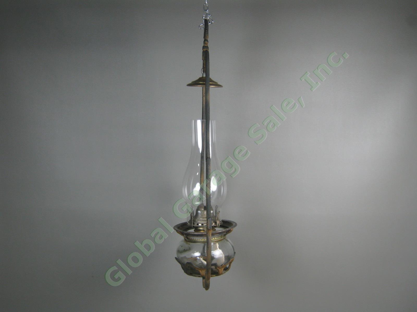 Rare Vtg Antique White Flame Light Co 23" Hanging Metal Glass Brass Oil Lamp NR! 4