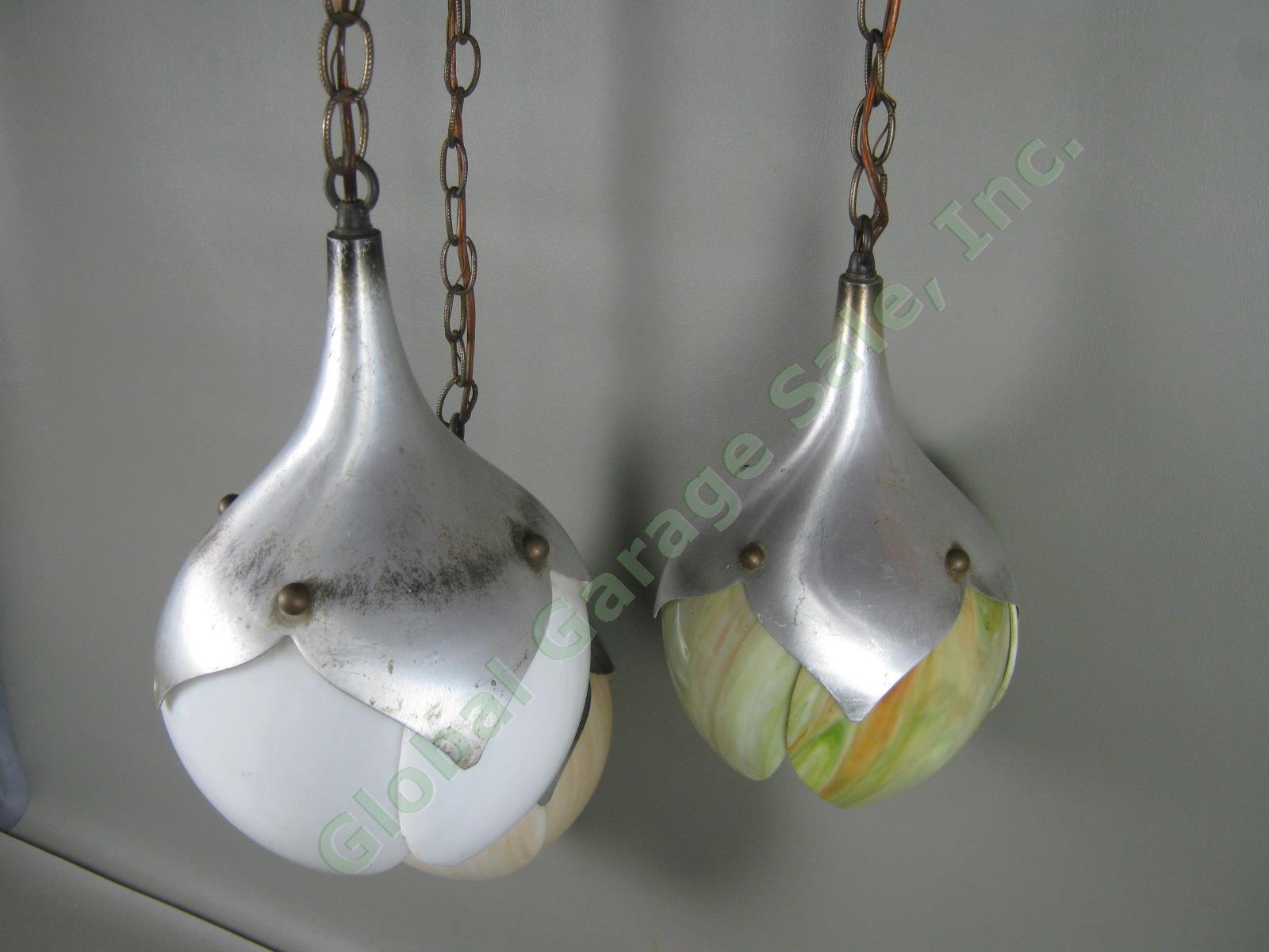 RARE Vtg Mid Century 3-Piece Slag Glass Aluminum Hanging Lamp Tulip Lotus Shade 1