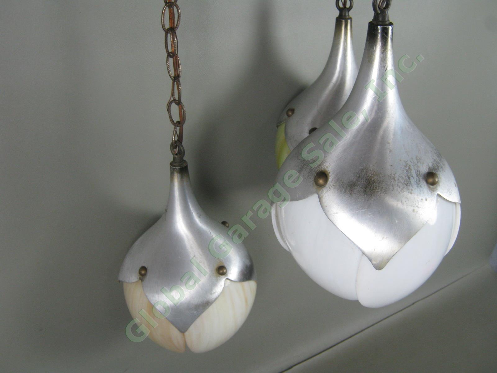 RARE Vtg Mid Century 3-Piece Slag Glass Aluminum Hanging Lamp Tulip Lotus Shade 2