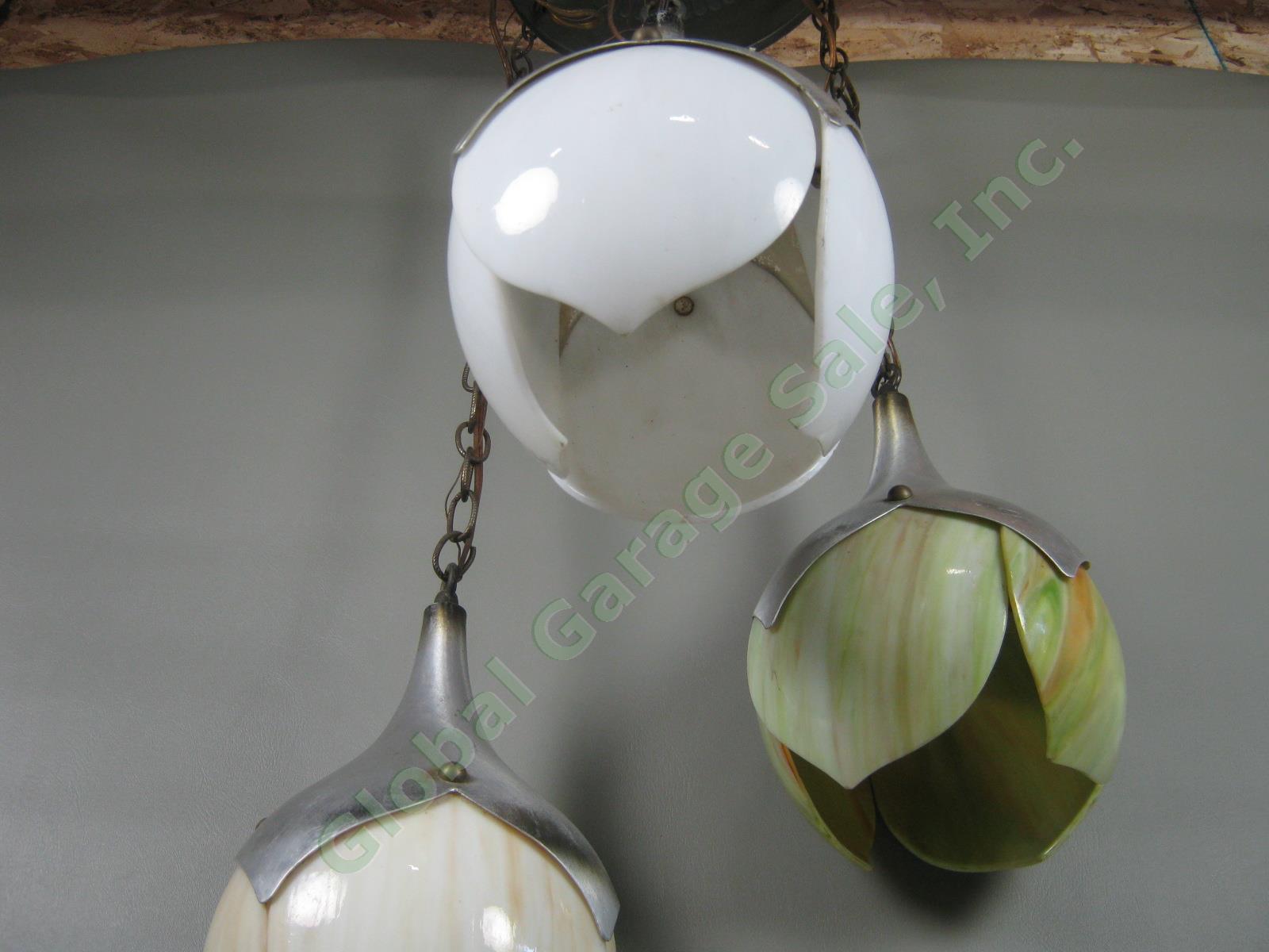 RARE Vtg Mid Century 3-Piece Slag Glass Aluminum Hanging Lamp Tulip Lotus Shade 4
