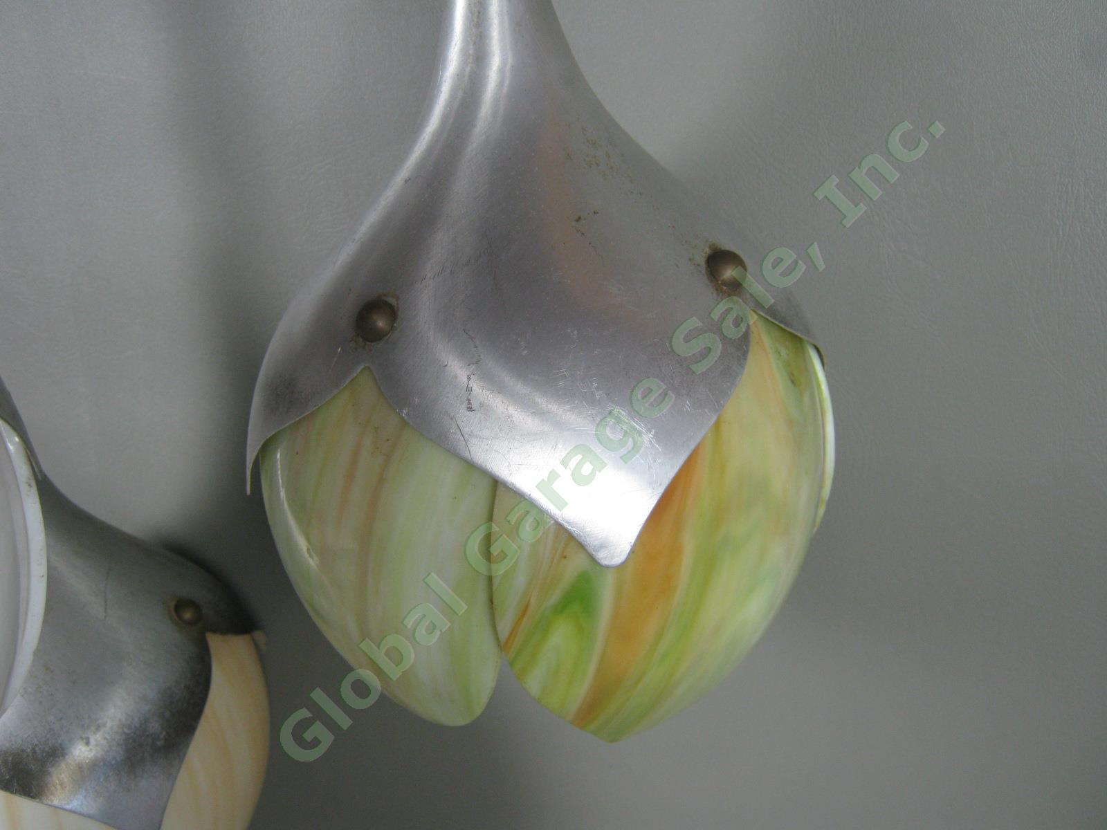 RARE Vtg Mid Century 3-Piece Slag Glass Aluminum Hanging Lamp Tulip Lotus Shade 5