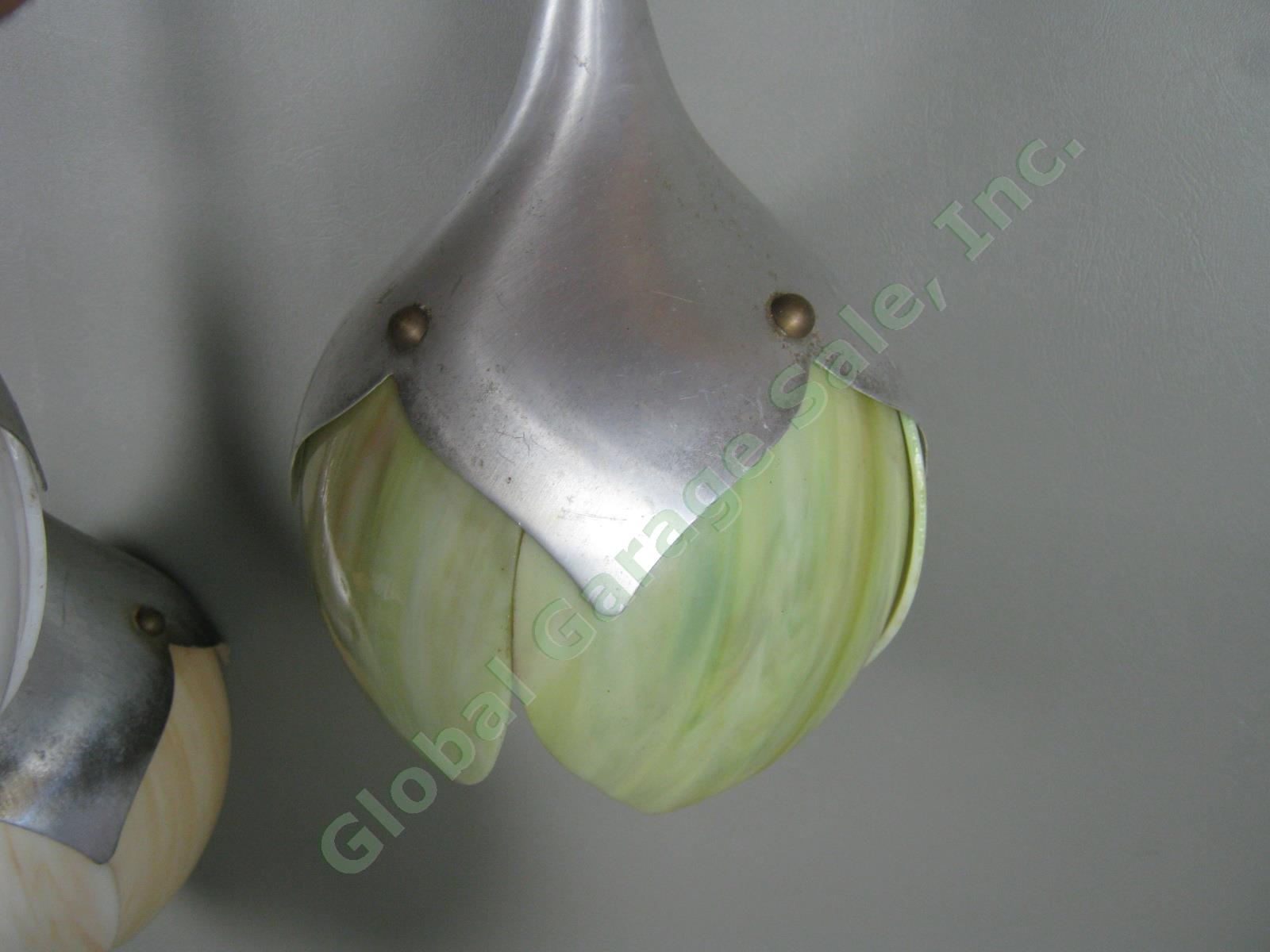 RARE Vtg Mid Century 3-Piece Slag Glass Aluminum Hanging Lamp Tulip Lotus Shade 6