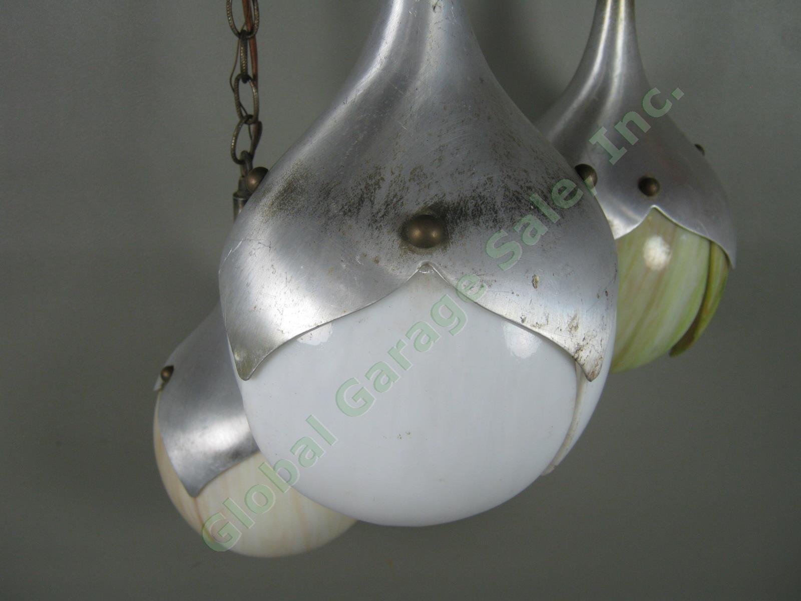 RARE Vtg Mid Century 3-Piece Slag Glass Aluminum Hanging Lamp Tulip Lotus Shade 7