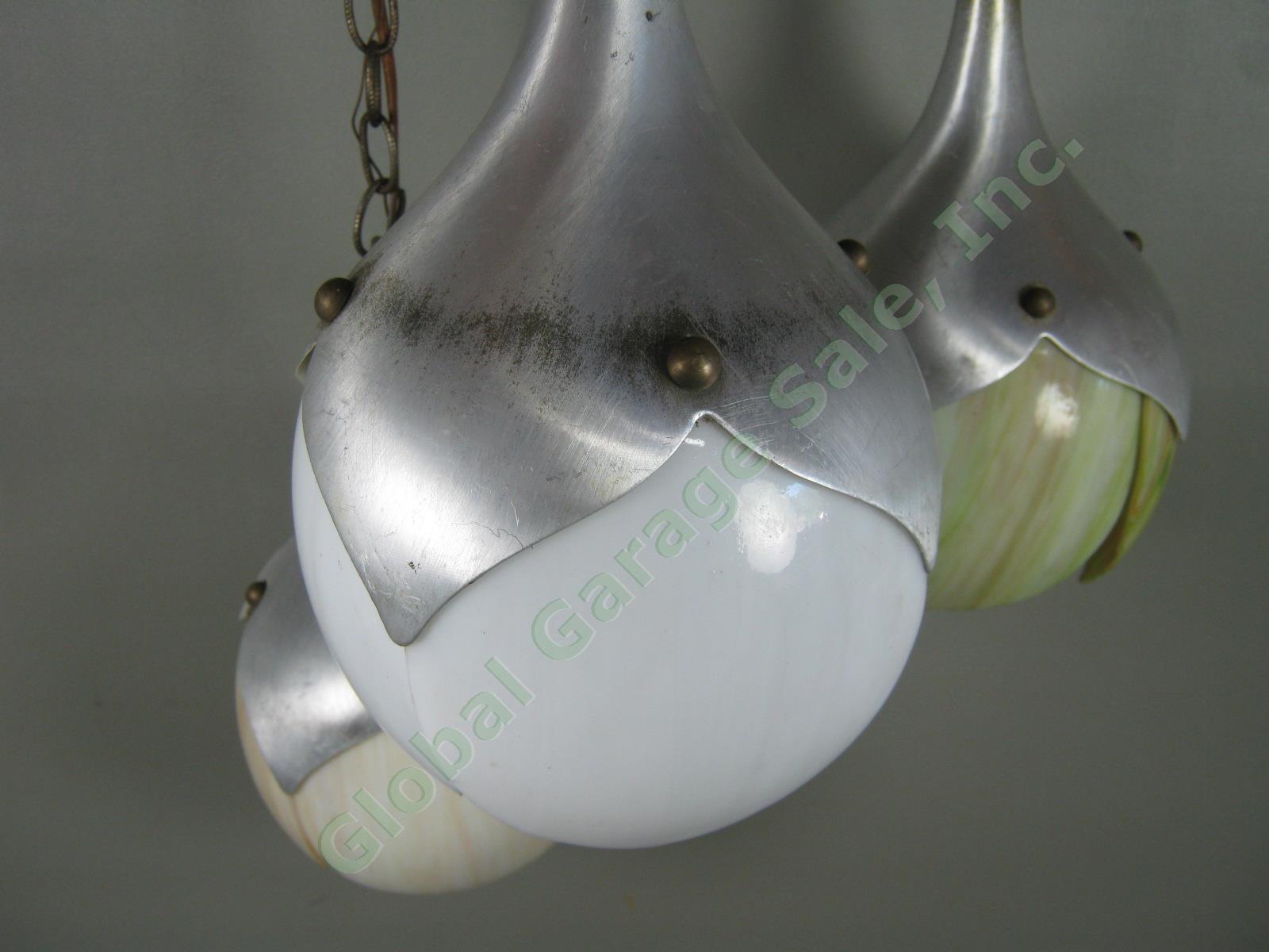 RARE Vtg Mid Century 3-Piece Slag Glass Aluminum Hanging Lamp Tulip Lotus Shade 8