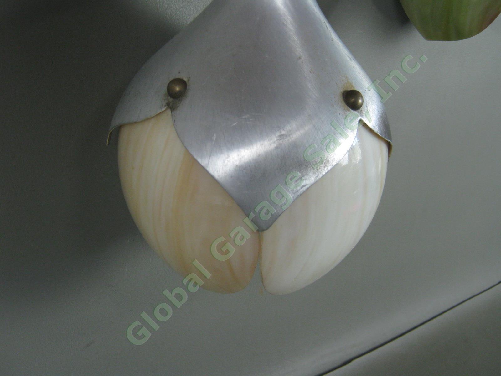 RARE Vtg Mid Century 3-Piece Slag Glass Aluminum Hanging Lamp Tulip Lotus Shade 9