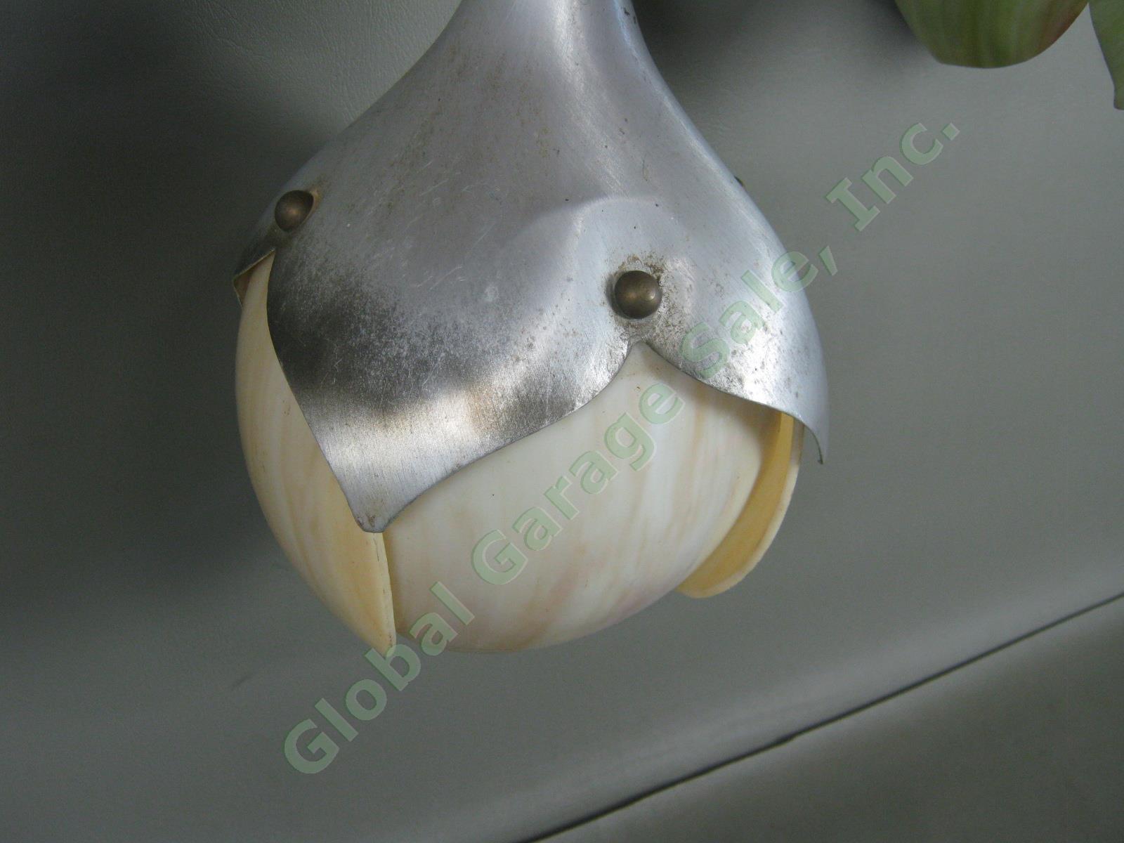 RARE Vtg Mid Century 3-Piece Slag Glass Aluminum Hanging Lamp Tulip Lotus Shade 10