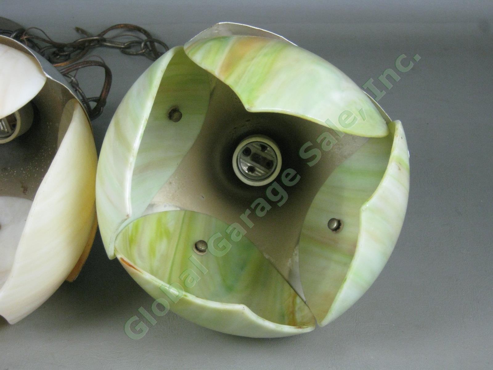 RARE Vtg Mid Century 3-Piece Slag Glass Aluminum Hanging Lamp Tulip Lotus Shade 12