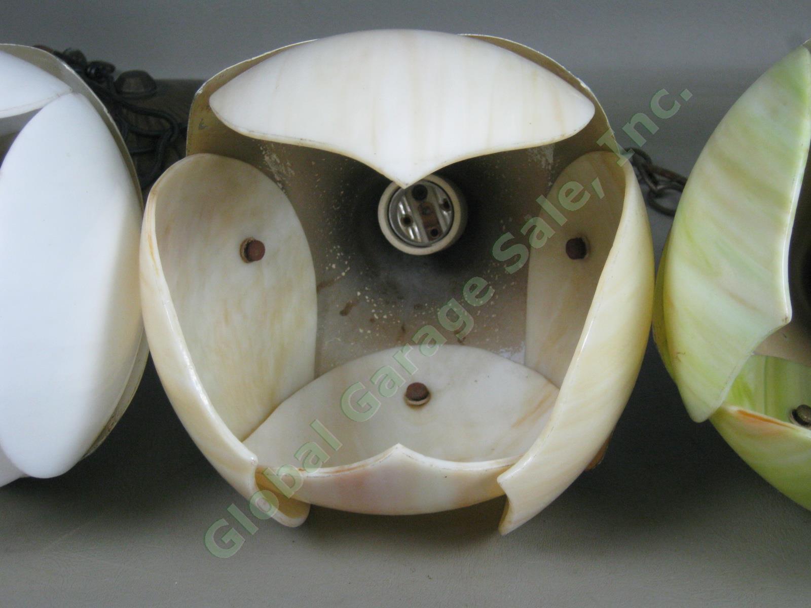 RARE Vtg Mid Century 3-Piece Slag Glass Aluminum Hanging Lamp Tulip Lotus Shade 13