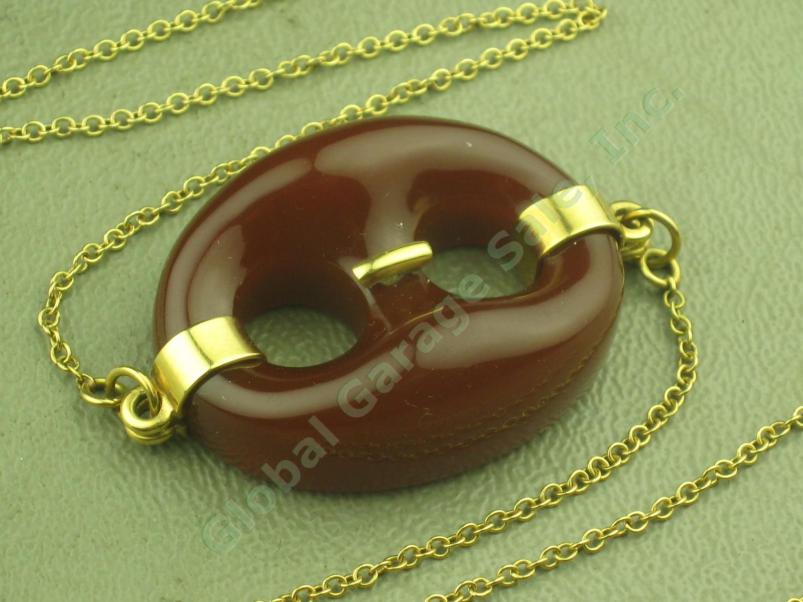 Gucci 750 18k Yellow Gold Carved Brown Jade? Marina Chain Pendant Necklace 17.5" 1