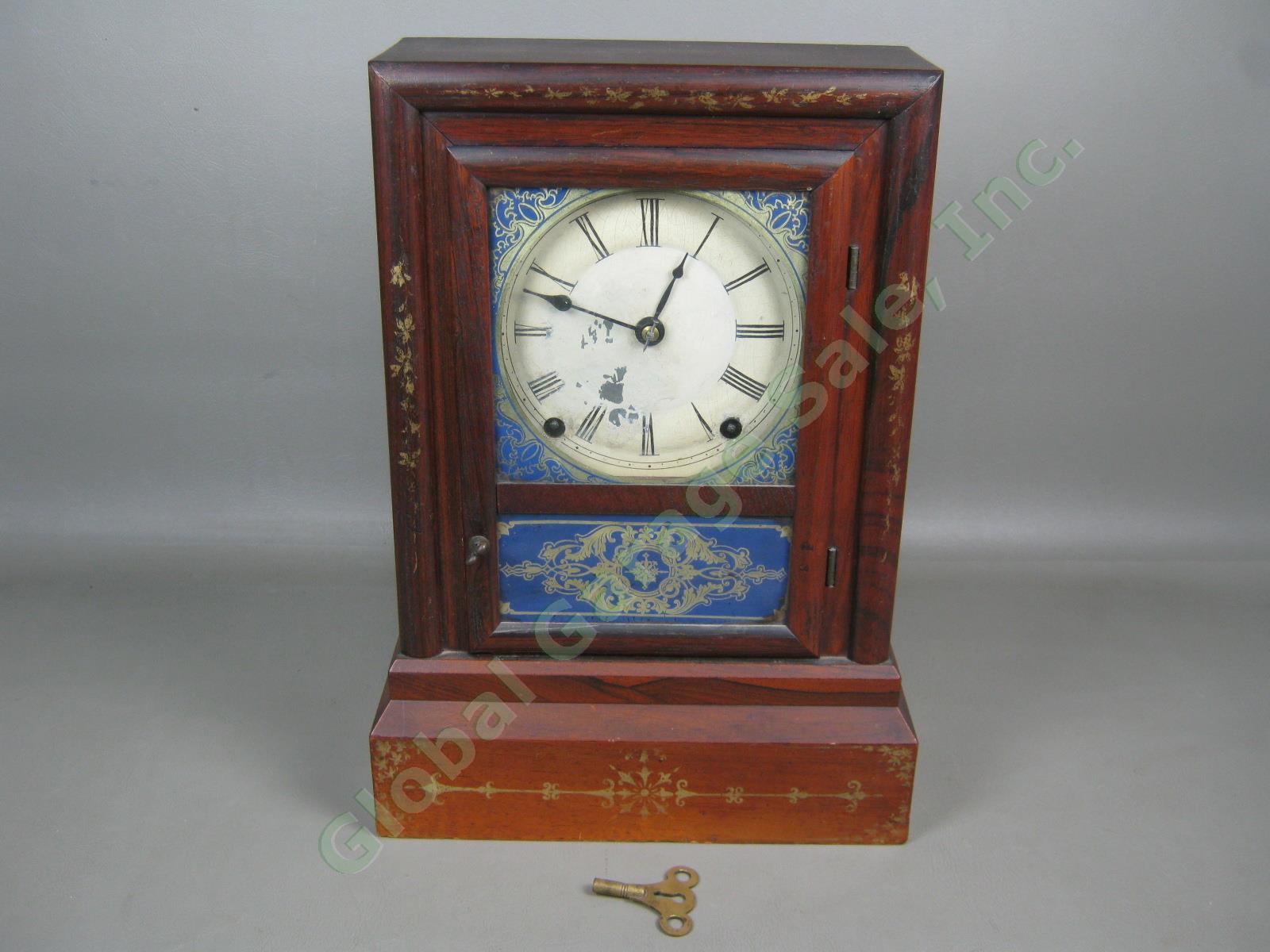 Vtg Antique Terry & Andrews 8 Day Reverse Painted Wooden Mantel Shelf Clock +Key