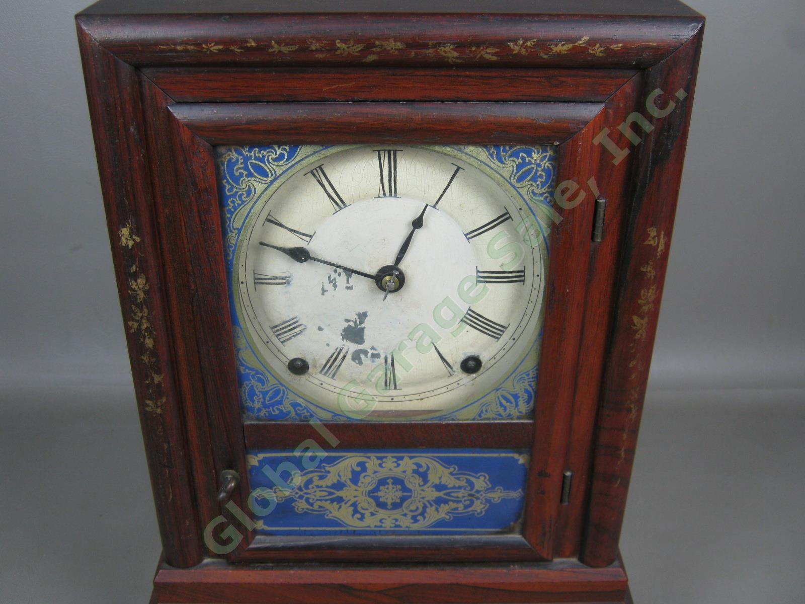 Vtg Antique Terry & Andrews 8 Day Reverse Painted Wooden Mantel Shelf Clock +Key 1