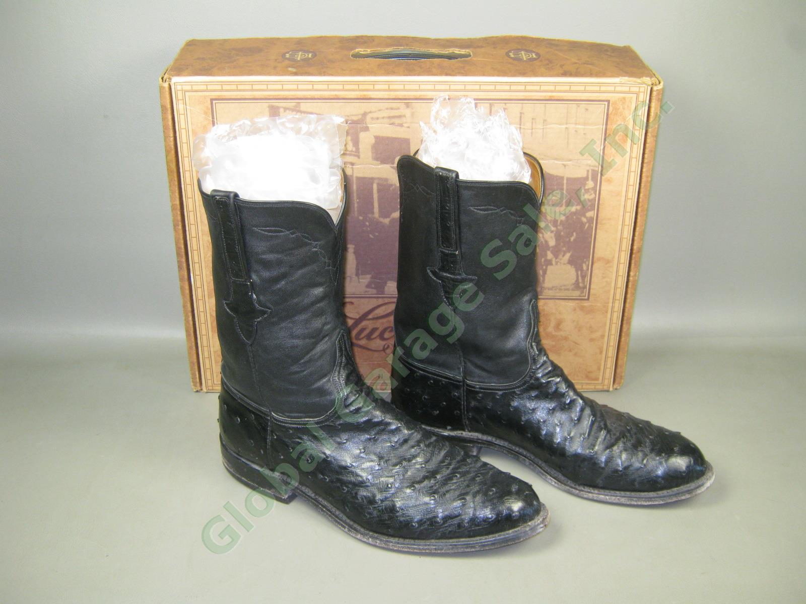 Lucchese Classics Black Pin Ostrich Vamp Ranch Hand Leather Cowboy Boots 10.5 EE