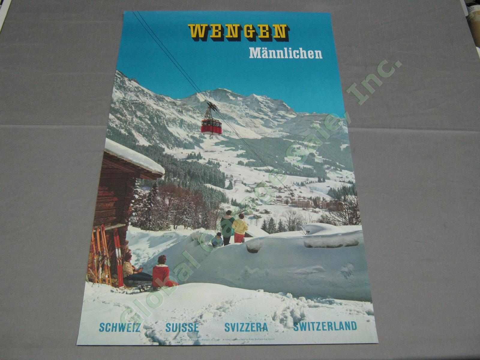 Vtg 1958 Swiss Travel Ski Poster Wengen Mannlichen Cable Car Tram Switzerland NR