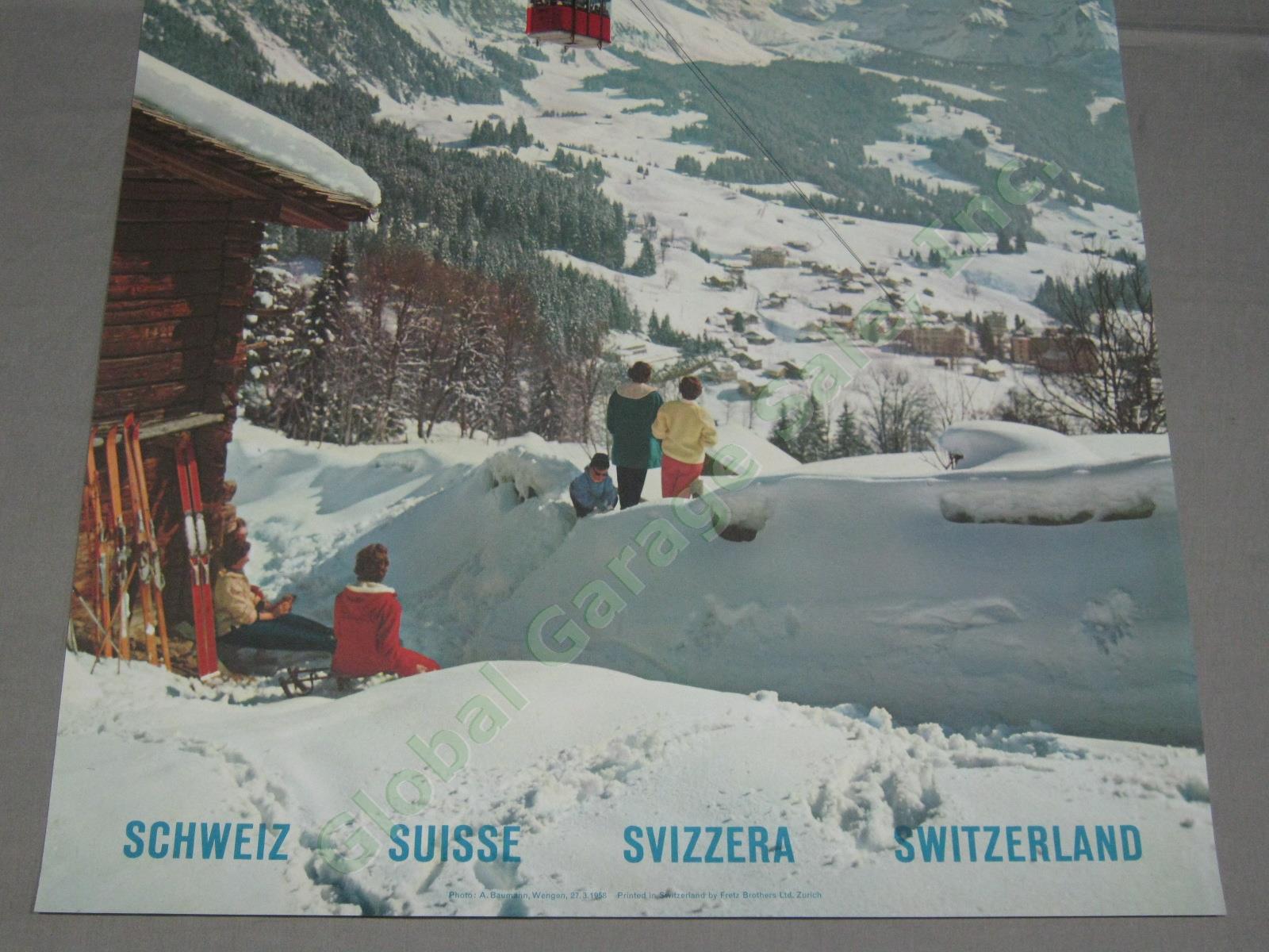 Vtg 1958 Swiss Travel Ski Poster Wengen Mannlichen Cable Car Tram Switzerland NR 2