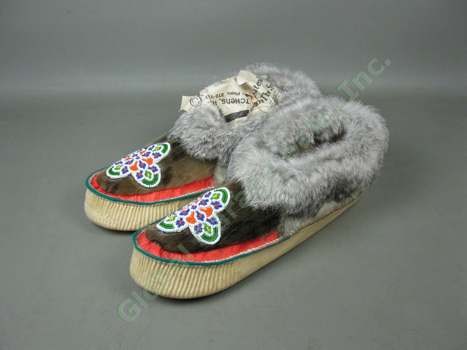 NOS Vtg Eskimo Indian Hand Beaded Alaska Seal Skin Fur Moccasin Slippers 12" NR!